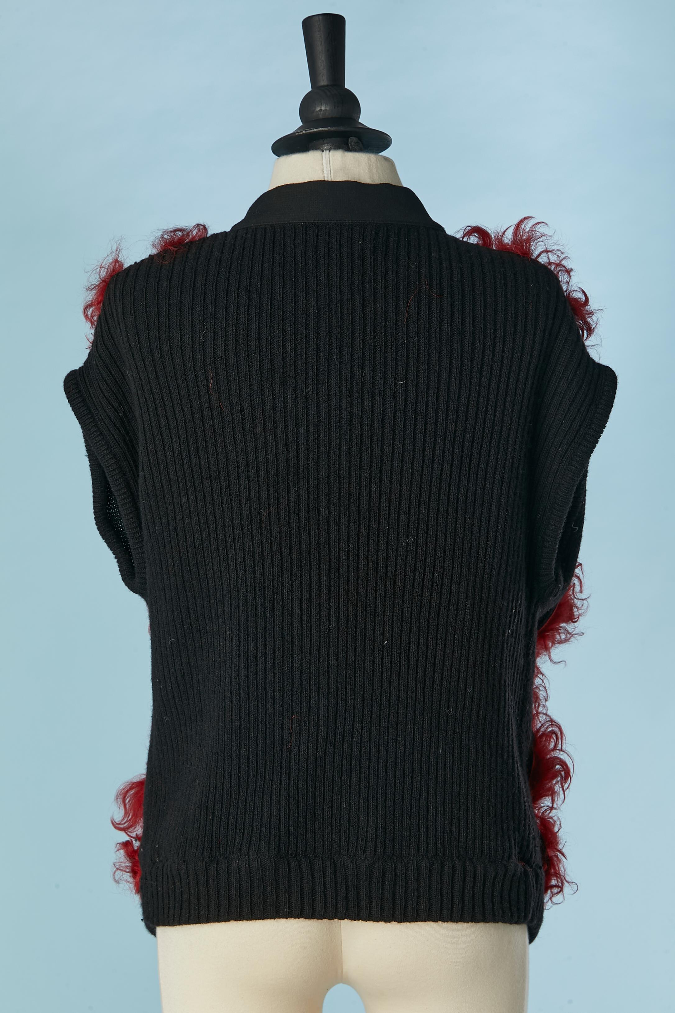 Black knit sleeveless vest with red curly furs appliqué Paolo Errico  1
