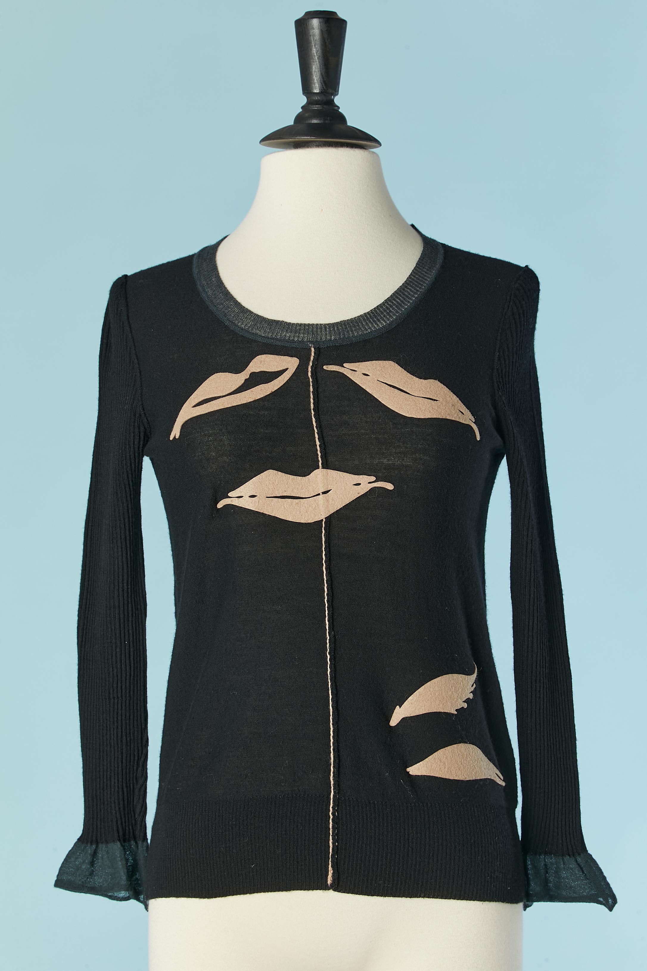 Black knit sweater with " mouth" appliqué Sonia Rykiel For Sale