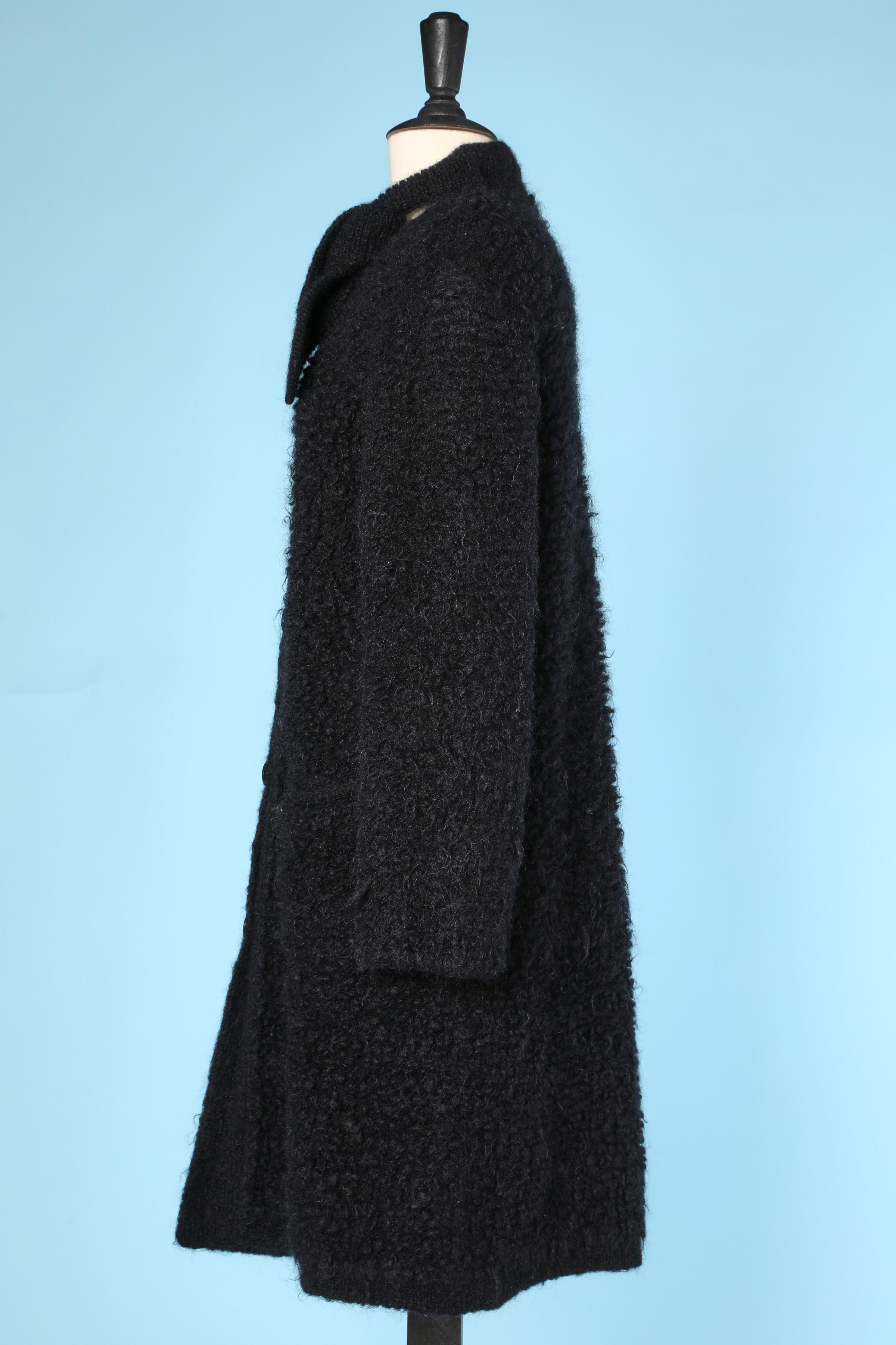 Women's or Men's Black knit wool coat-cardigan with scarf collar bow Sonia Rykiel 