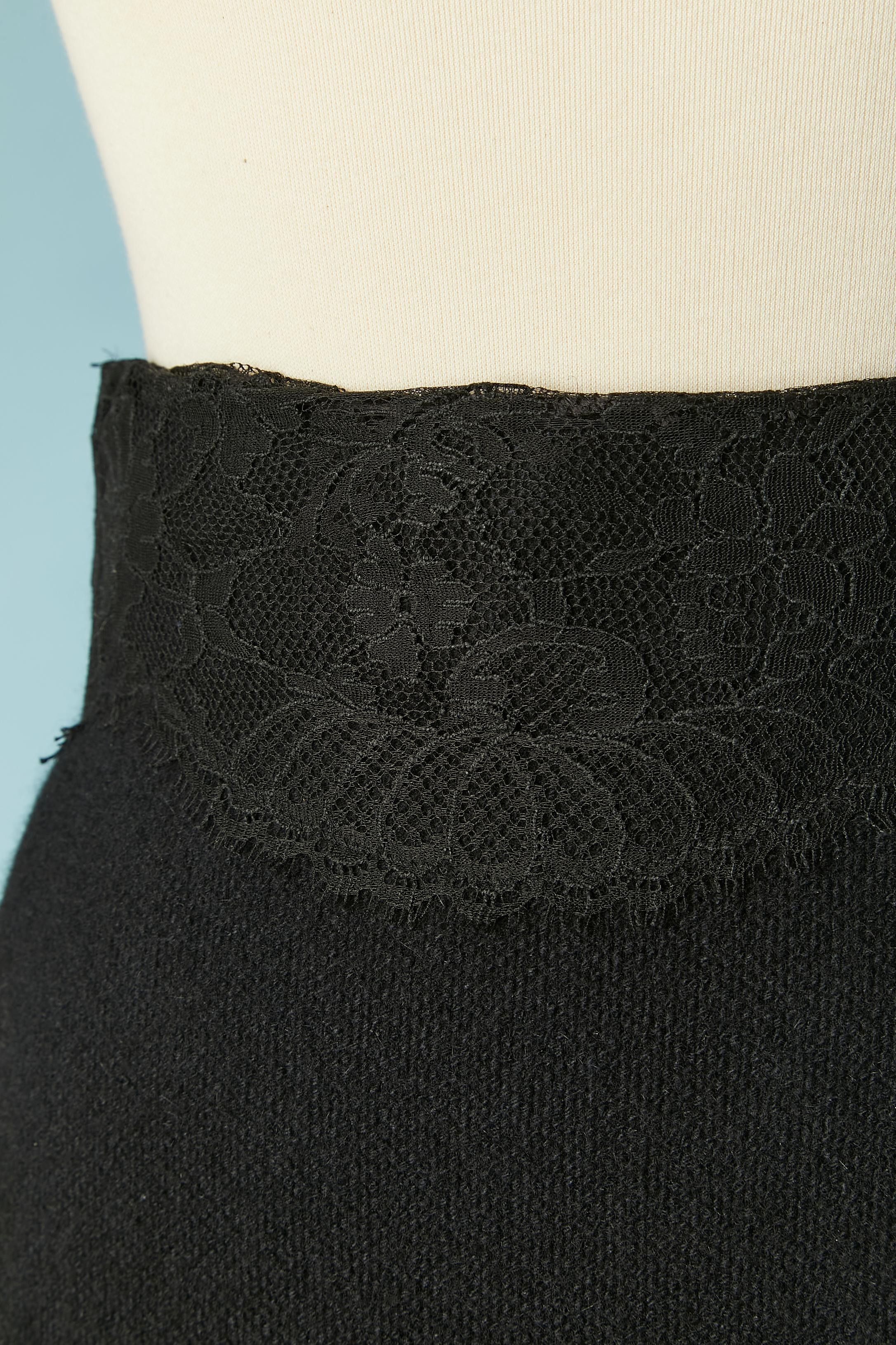 High-waisted Black knit wool skirt with black lace edge on the top and bottom.
Silk lining. Zip and hook&eye on the left side.
Gros-grain inside the waist with hook&eye closure
SIZE XS