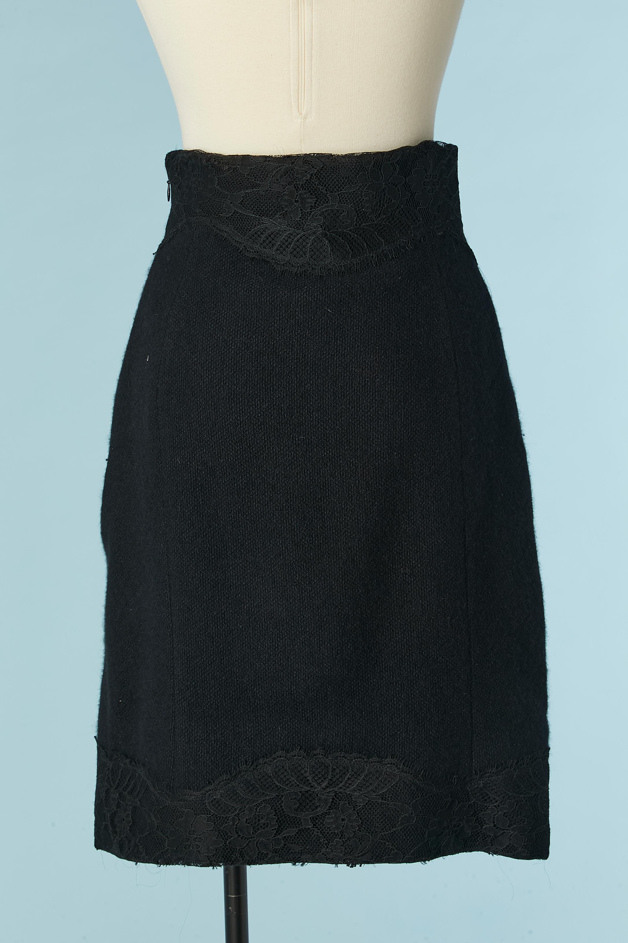 Black knit wool skirt with black lace edge on the top and bottom Rochas For Sale 1