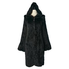 Retro Black knited rabbit fur coat with hood and zip closure RYKIEL Circa 1990's 