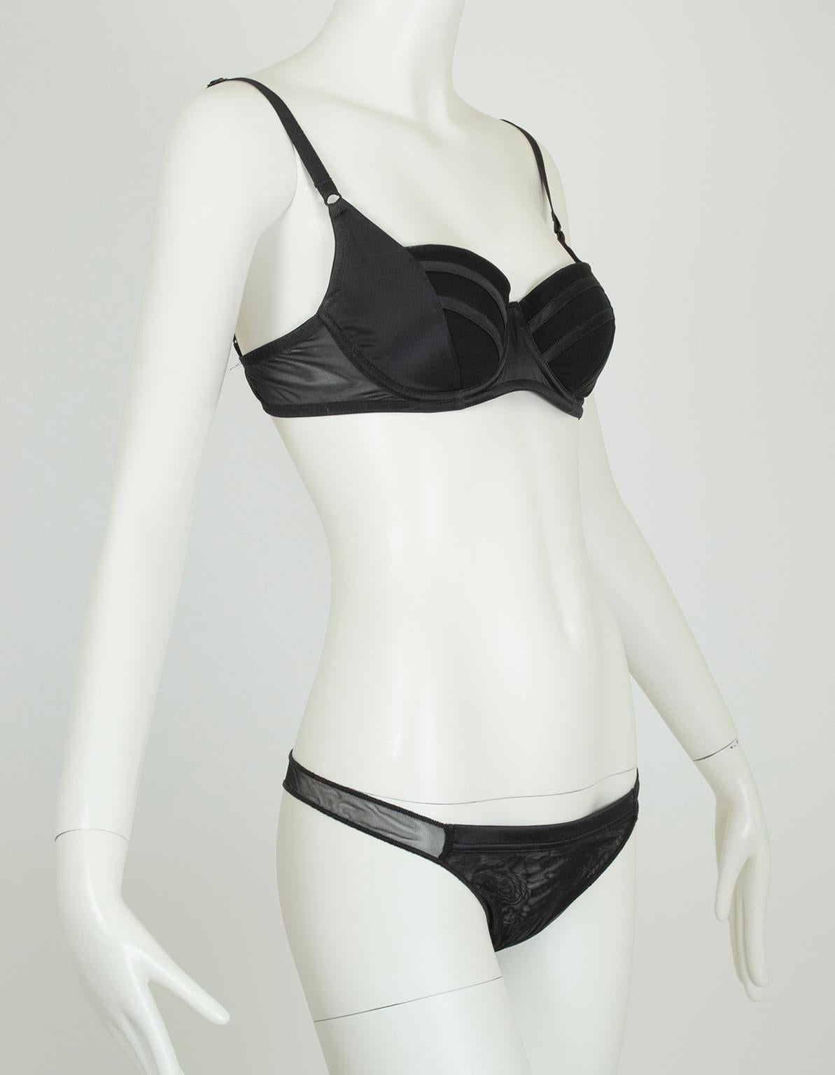 Padded underwire bra and set of 2 thong panties. Balconette bra features nylon mesh cups with angled satin insets and bands for Art Deco styling; cups feature pockets for additional padding if desired. Set of 2 matching super-sheer mesh thong