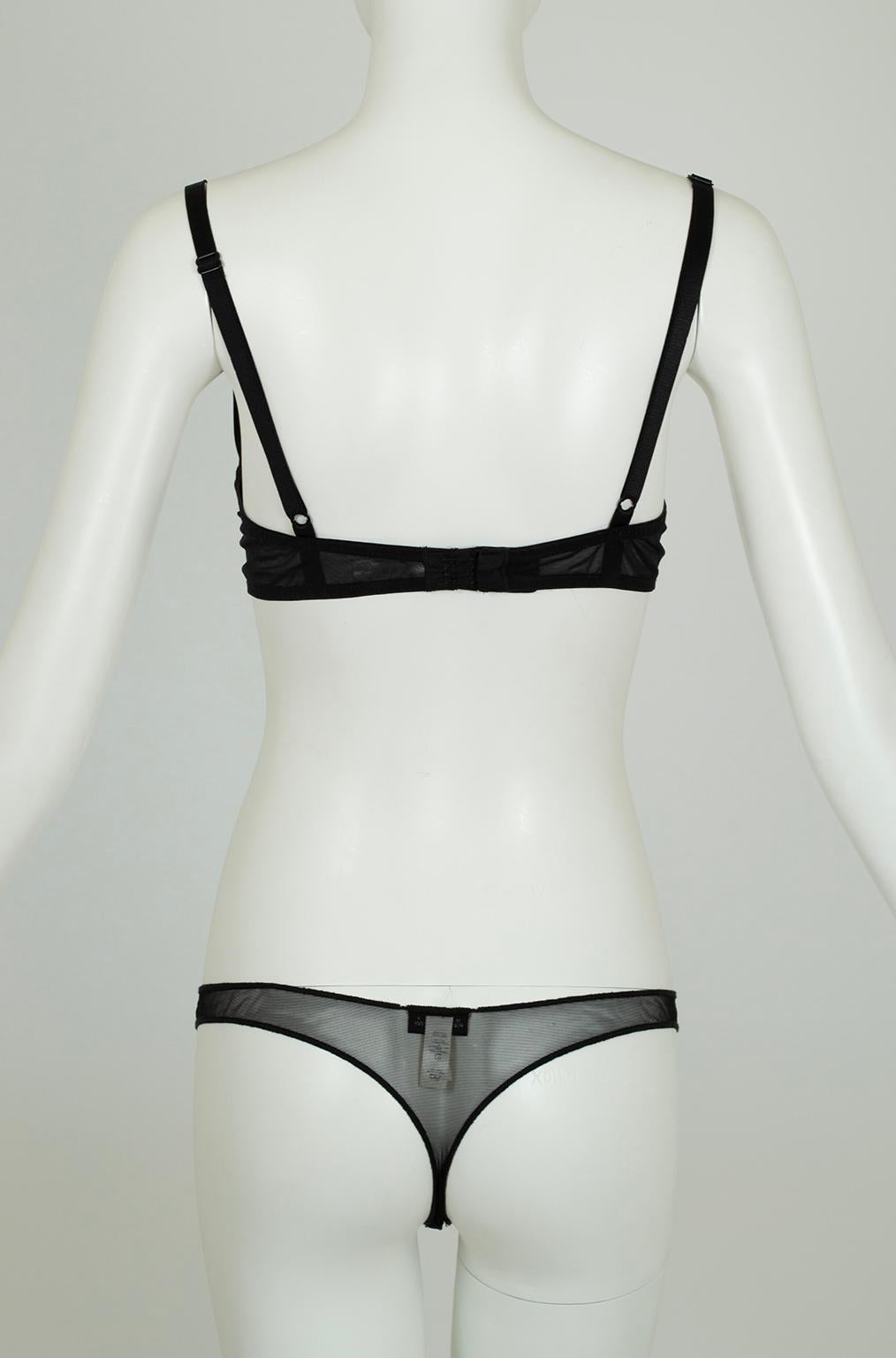 Women's Black La Perla Studio Deco Balconette Bra, 2 Thong Panty Set – 34 C / Sm, 2005 For Sale
