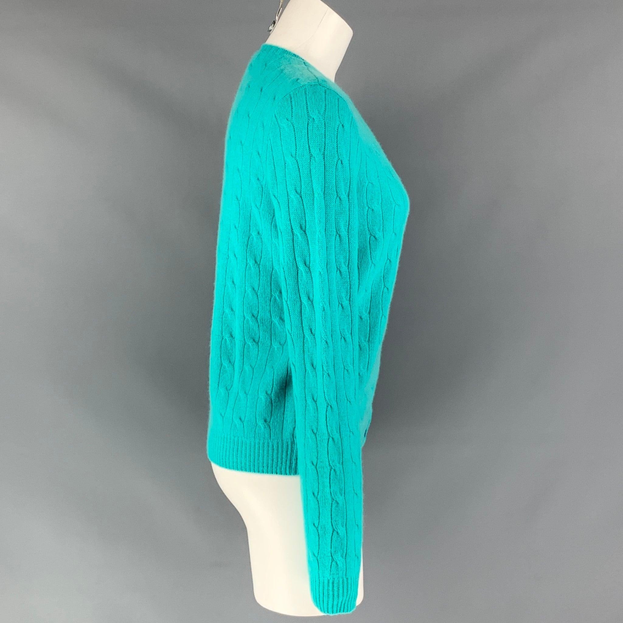 BLACK LABEL RALPH LAUREN Cashmere Cable Knit Size L Aqua Cardigan In Excellent Condition For Sale In San Francisco, CA
