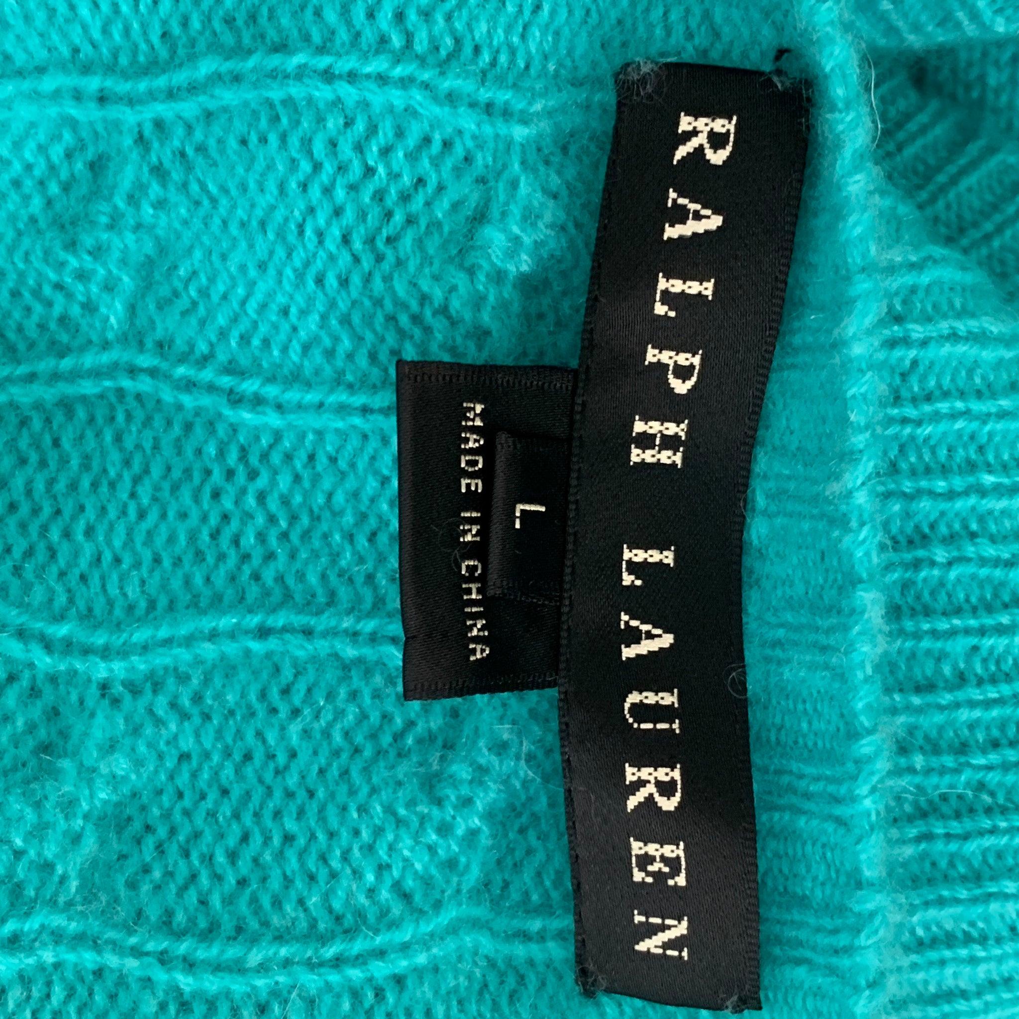 BLACK LABEL RALPH LAUREN Cashmere Cable Knit Size L Aqua Cardigan For Sale 1