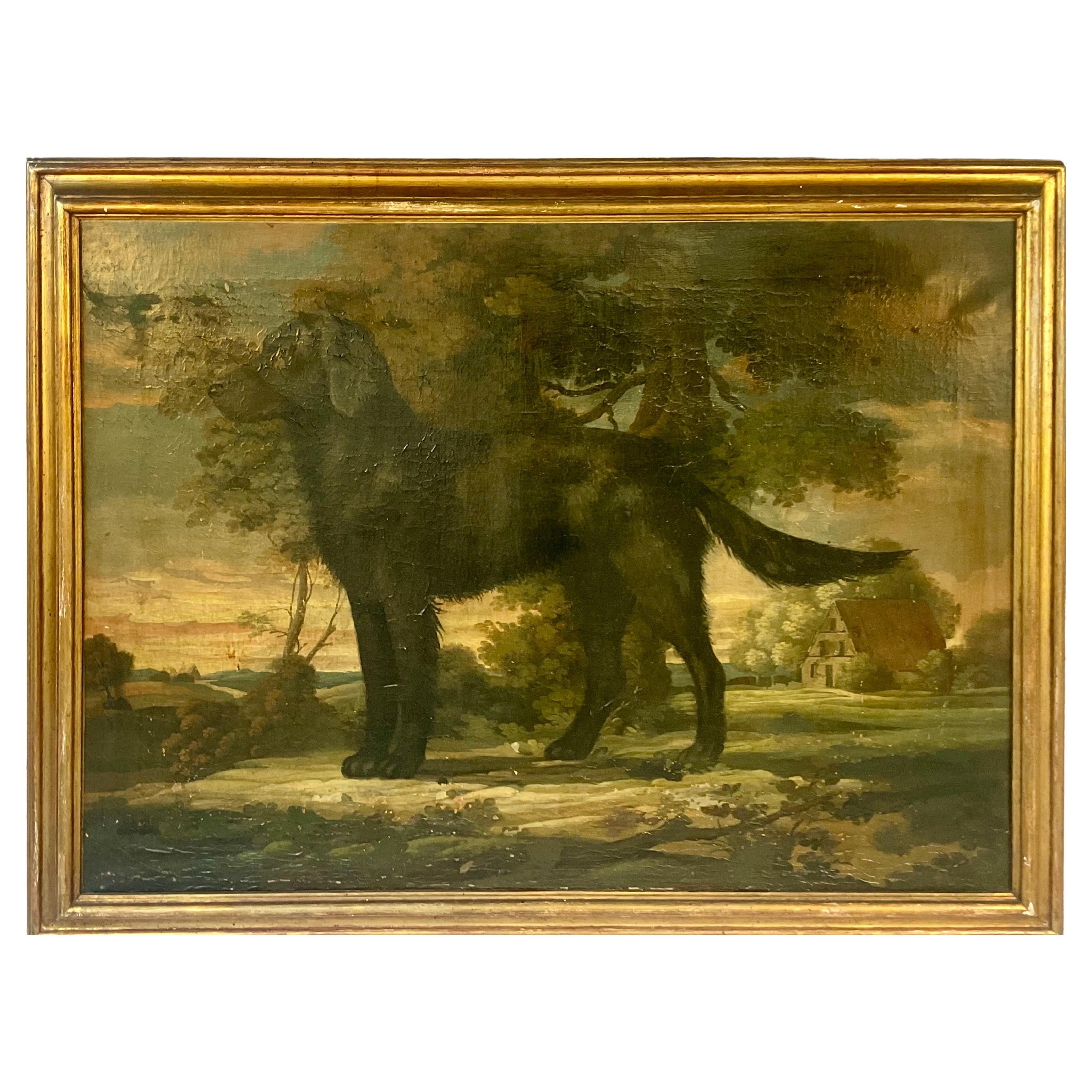 Black Labrador Retriever Painting, Oil on Canvas in Giltwood Frame