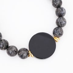 Black Labradorite Beaded Necklace With Round Flat Onyx Gemstone, 1980s