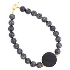 Vintage Black Labradorite Beaded Necklace With Round Flat Onyx Gemstone, 1980s