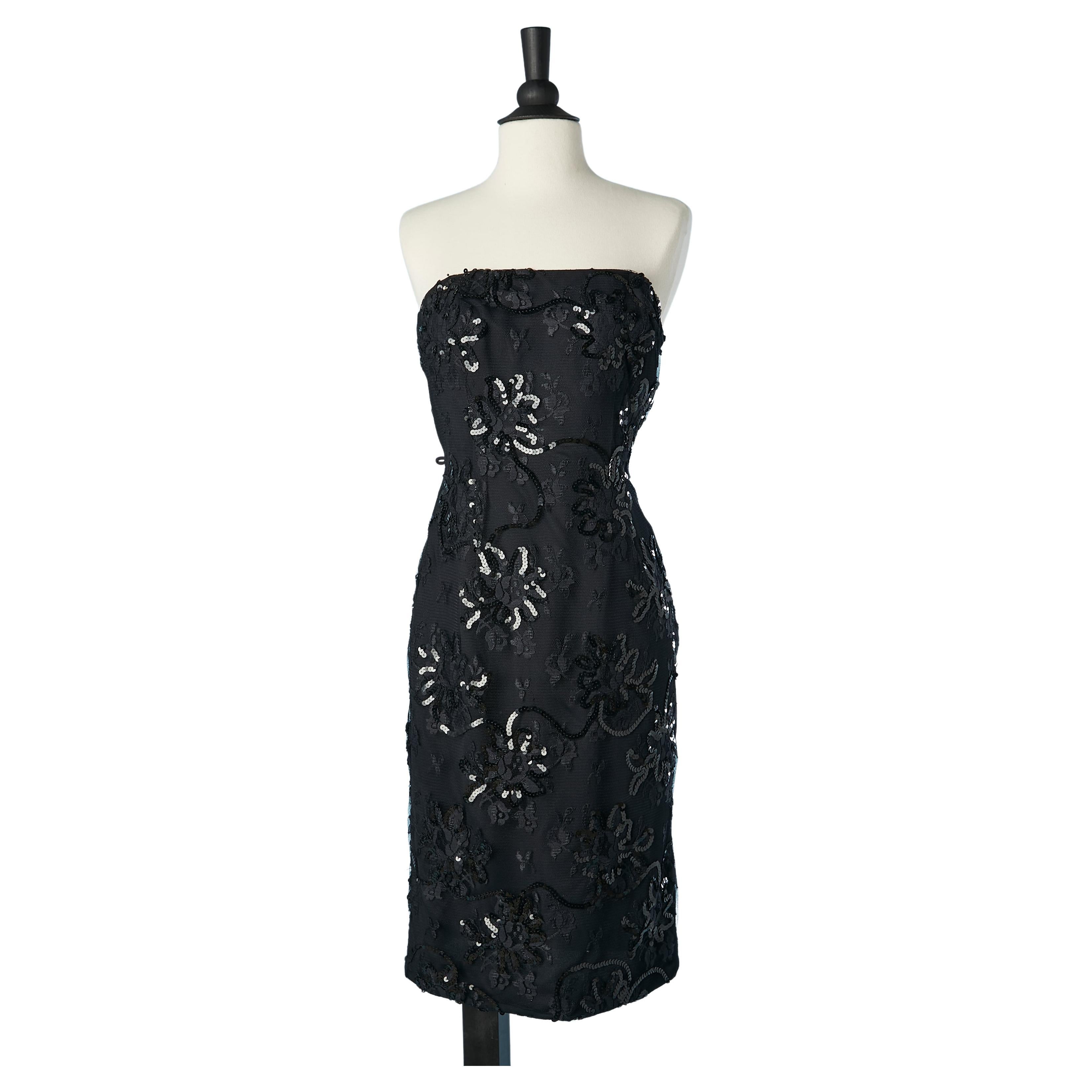 Robe de cocktail bustier en dentelle noire à paillettes C.D de Christian Dior Robes du Soir  en vente