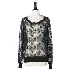 Black lace and beads evening top with ribbing edge Circa 1980's 