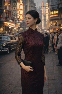 Black Lace and Red Satin Cheongsam Dress, Circa 1960s