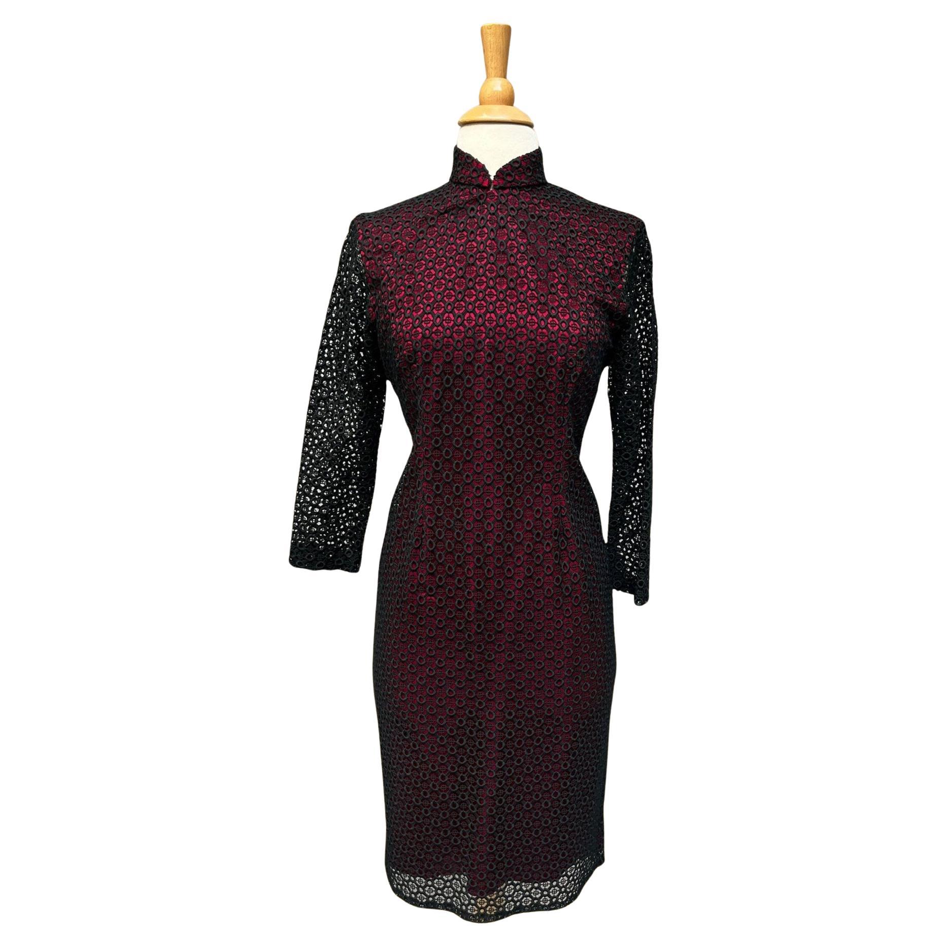 Black Lace and Red Satin Cheongsam Dress, Circa 1960s in vendita