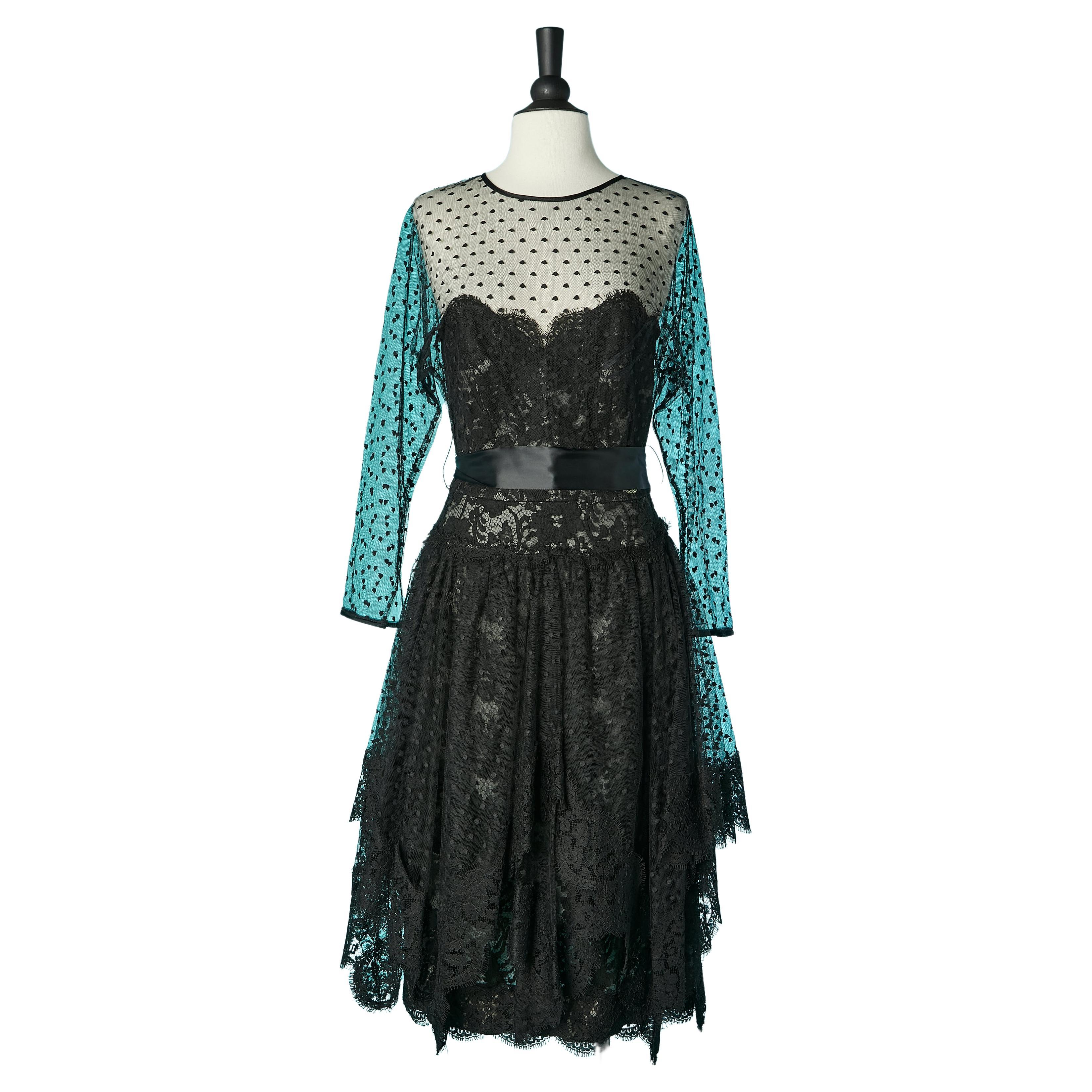 Black lace and tulle plumetis cocktail dress with black satin belt Victor Costa  For Sale