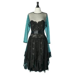 Black lace and tulle plumetis cocktail dress with black satin belt Victor Costa 