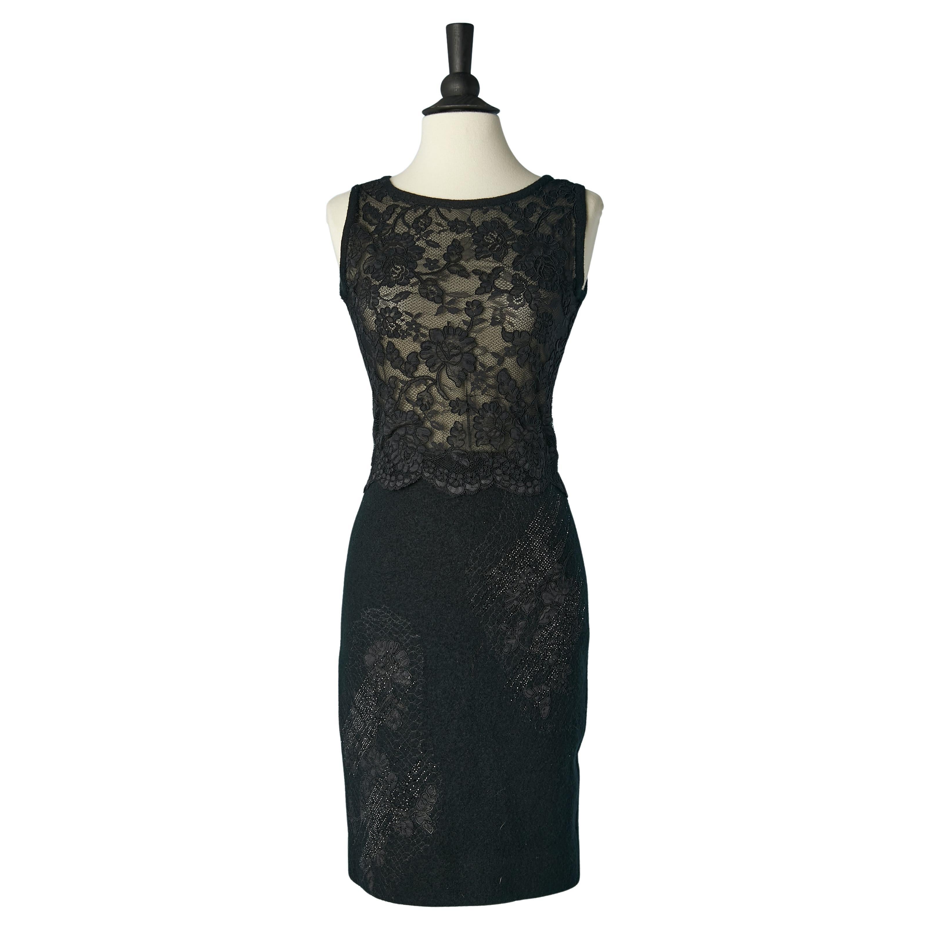 Black lace and wool cocktail dress with rhinestone and lace appliqué VALENTINO For Sale