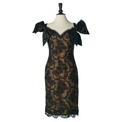 Vintage Black lace cocktail dress with black satin bow Victor Costa for Lord Taylor