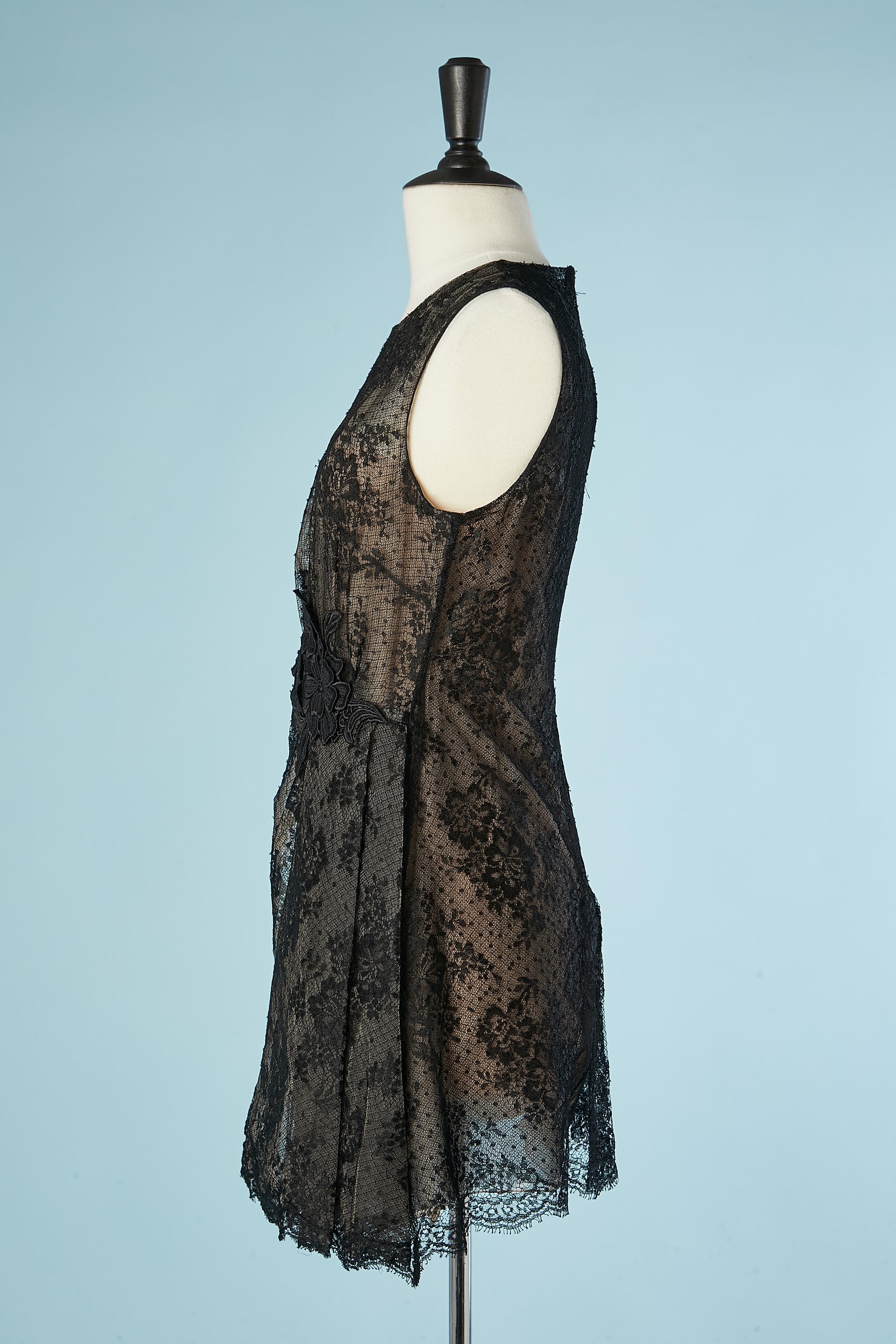 Women's Black lace cocktail dress with nude silk lining and flower embroidery Valentino  For Sale