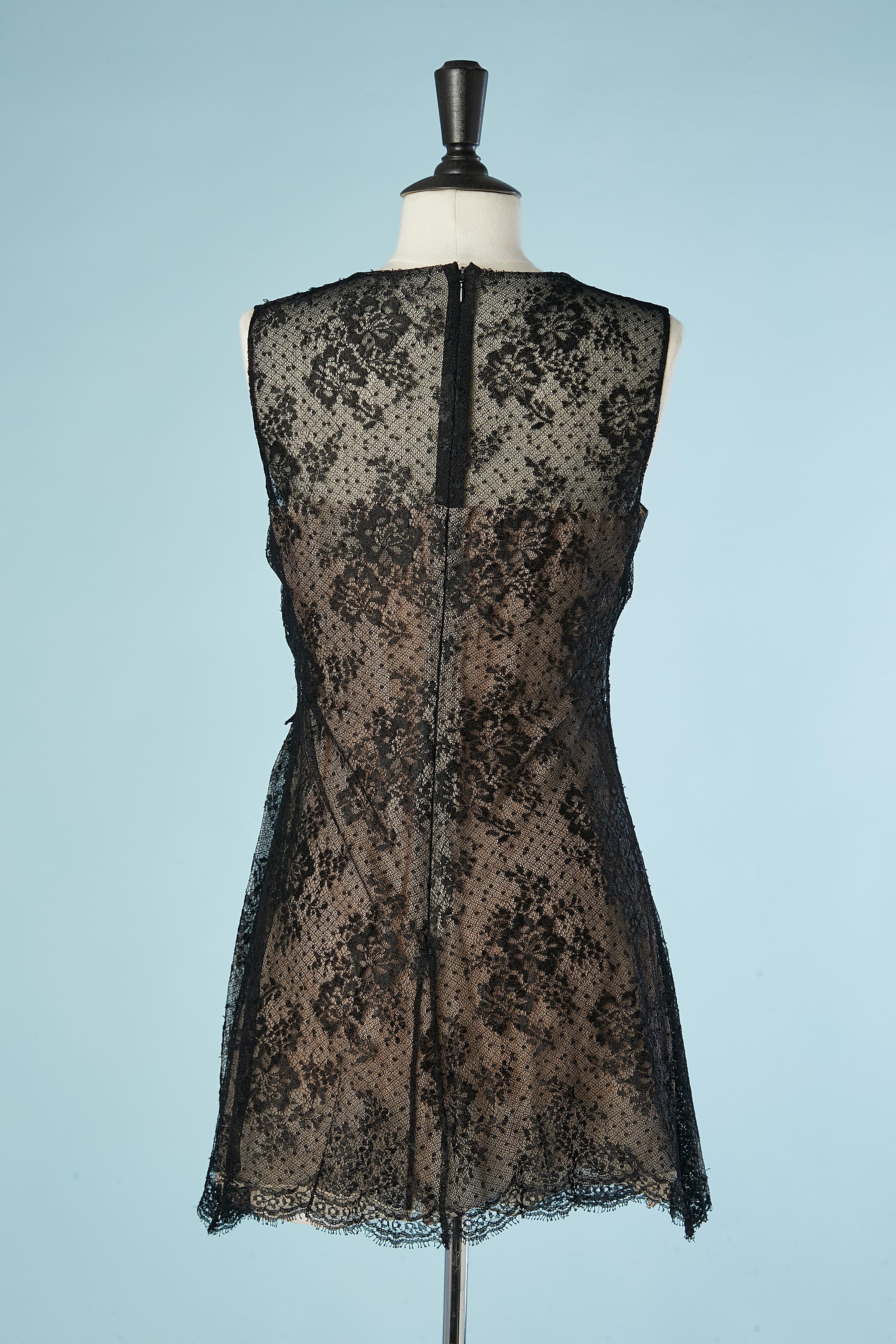 Black lace cocktail dress with nude silk lining and flower embroidery Valentino  For Sale 1
