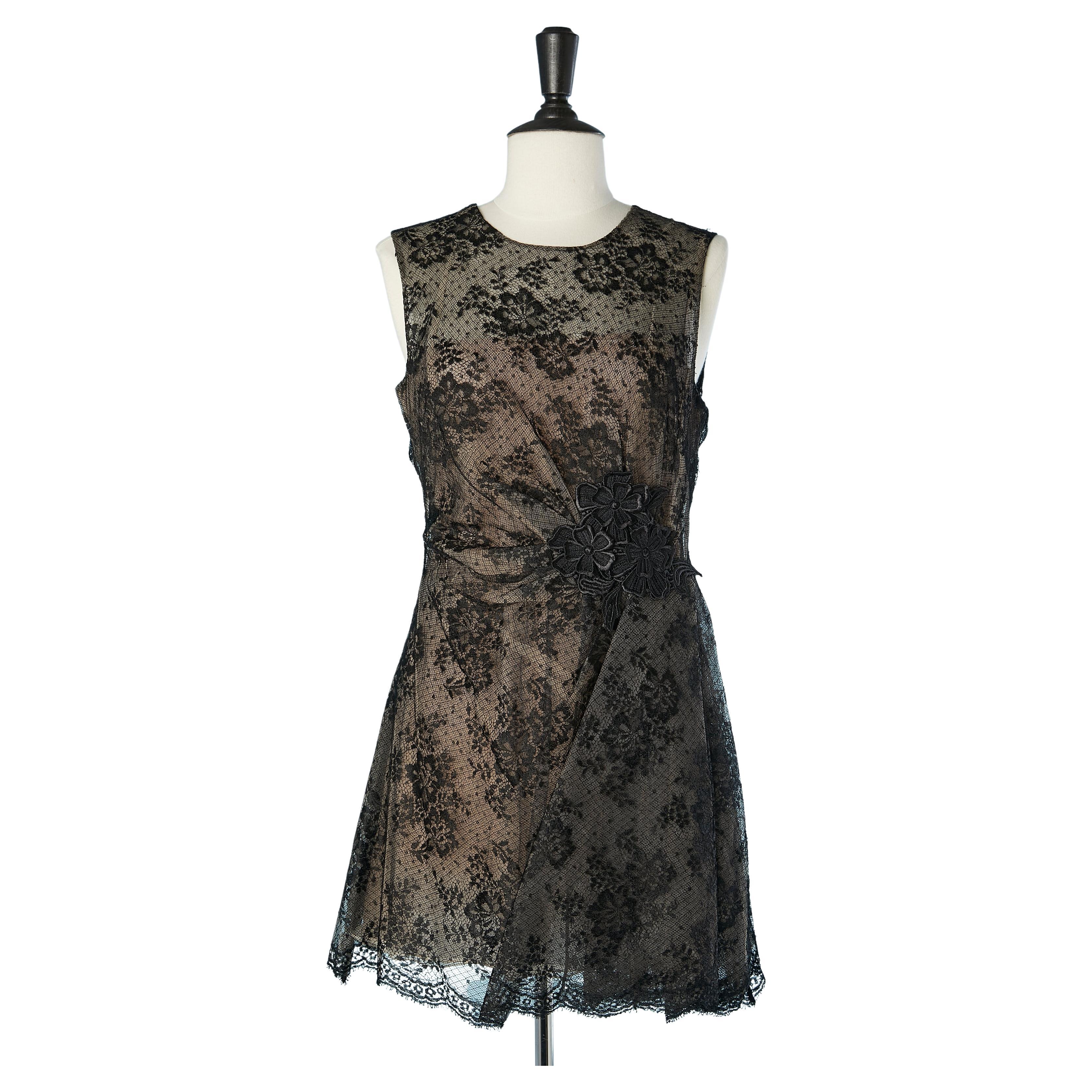 Black lace cocktail dress with nude silk lining and flower embroidery Valentino  For Sale
