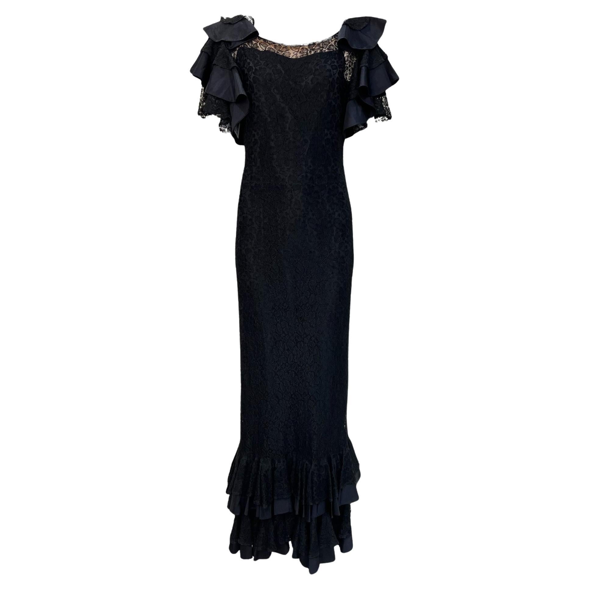 Black Lace Dramatic Flutter Sleeve Mermaid Gown, 1930s For Sale