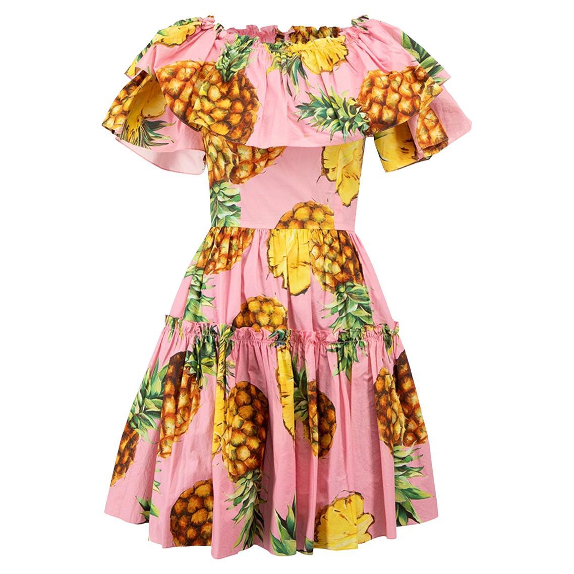Pink Pineapple Print Off the Shoulder Mini Dress Size XXS For Sale