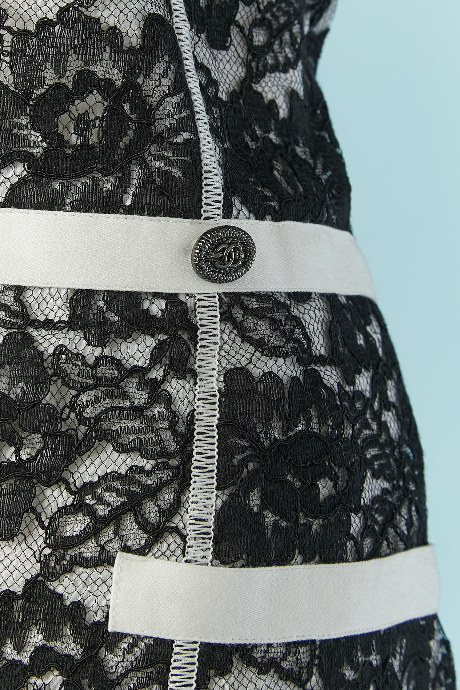 Women's Black lace evening dress with white piping CHANEL For Sale
