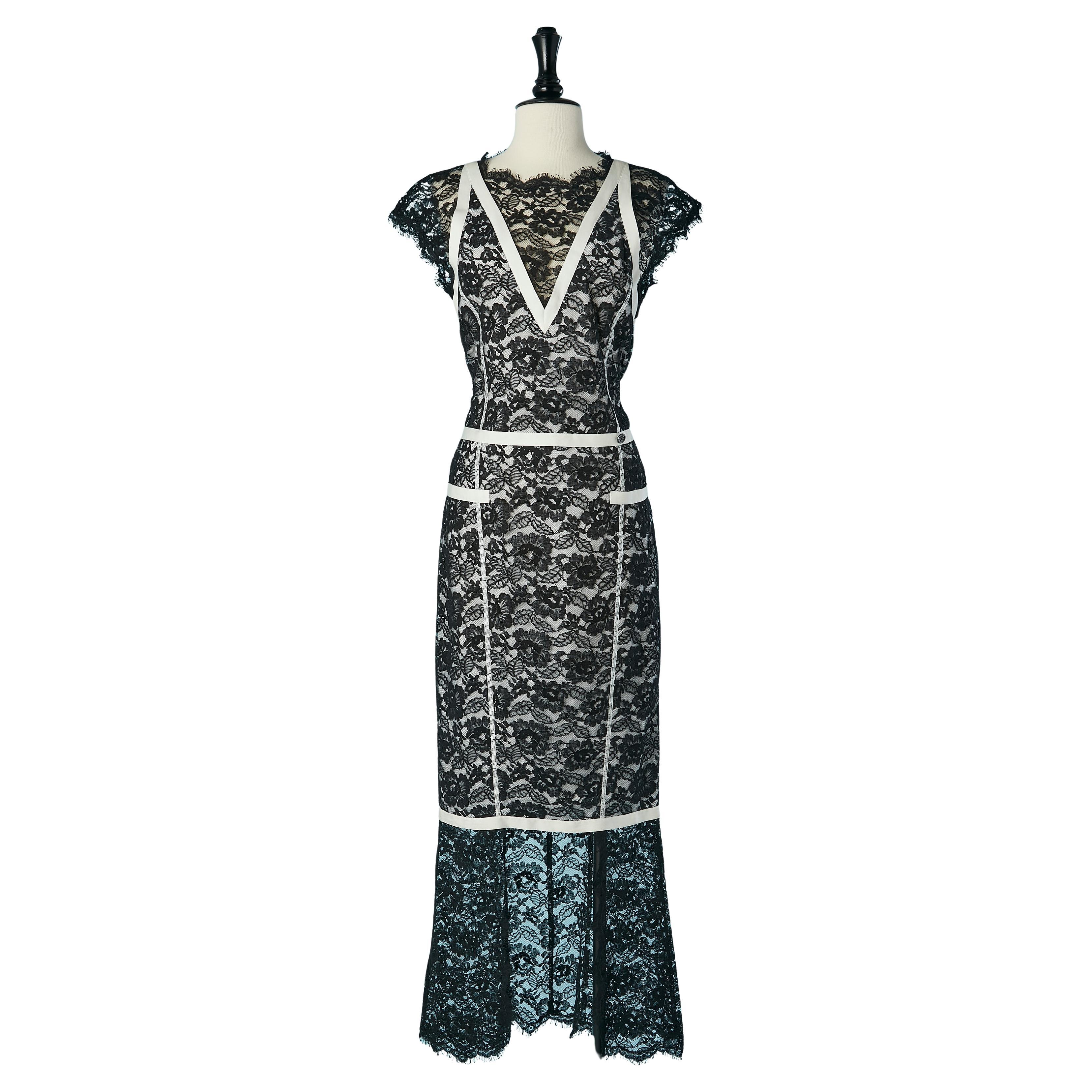 Black lace evening dress with white piping CHANEL For Sale