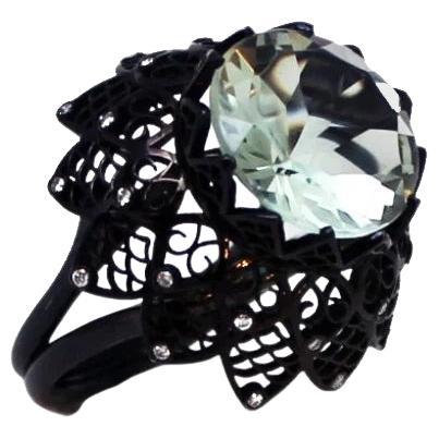 9.48 Carat Prasiolite, Diamond, Blackened Gold Solitare Ring For Sale