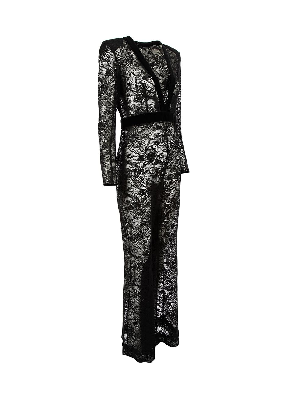 CONDITION is Very good. Hardly any visible wear to jumpsuit is evident on this used Balmain designer resale item.



Details


Black

Cotton

Jumpsuit

Floral lace

See through

Plunge neck

Velvet trim

Long sleeves

Flared bottoms

Back zip