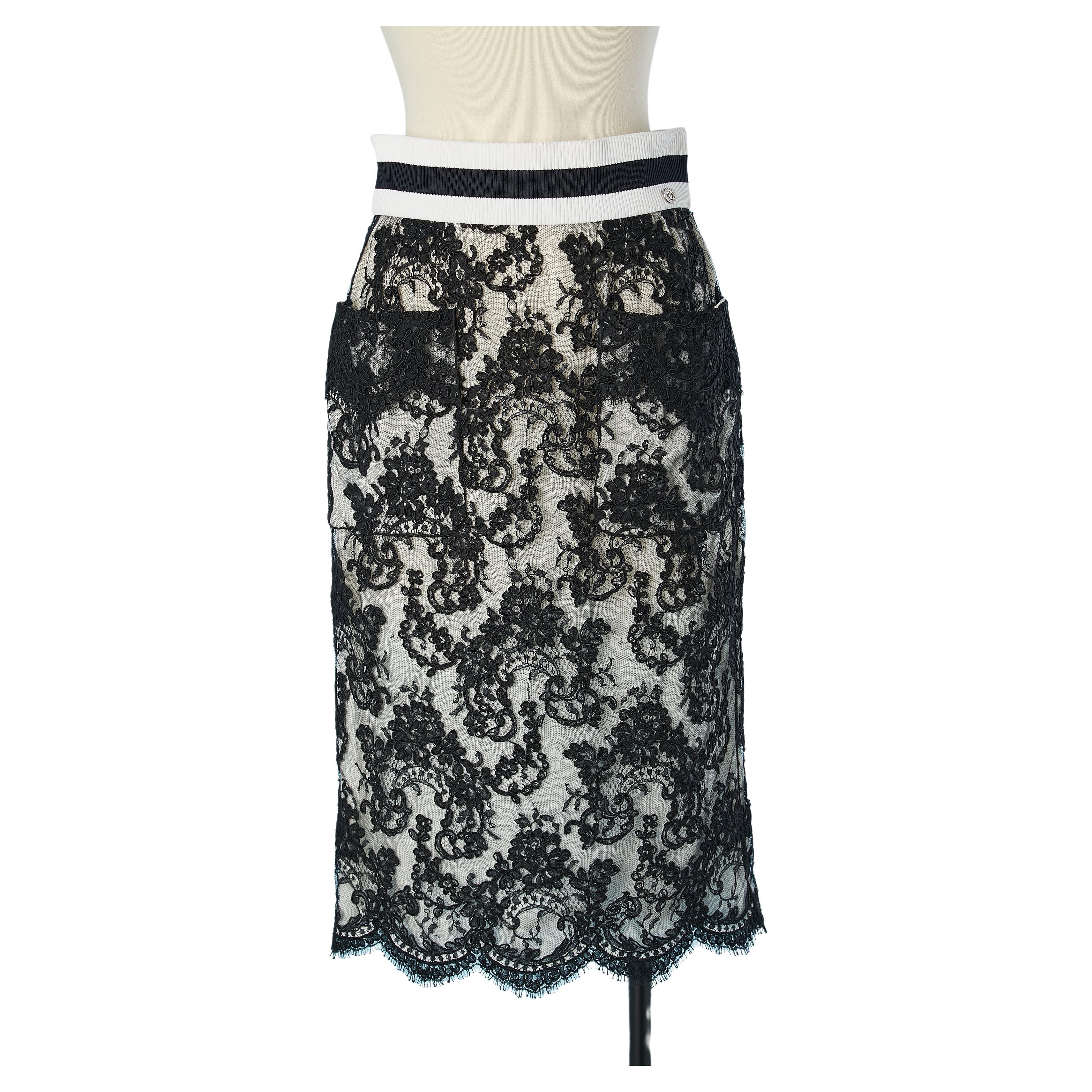 Black lace skirt with white lining and striped sporty ribbings Chanel  For Sale