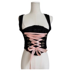 Vintage 1890s Black Lace-Up Harness Corset with Blush Ribbon Detail