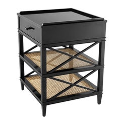 Black Lacqered Wooden and Rattan Wicker Cane Side and Bedside Table