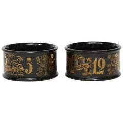 Antique  Black Lacquer on Papier Mâché Napkin Rings with a Chinoiserie Motif