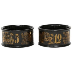  Antique  Black Lacquer on Papier Mâché Napkin Rings with a Chinoiserie Motif