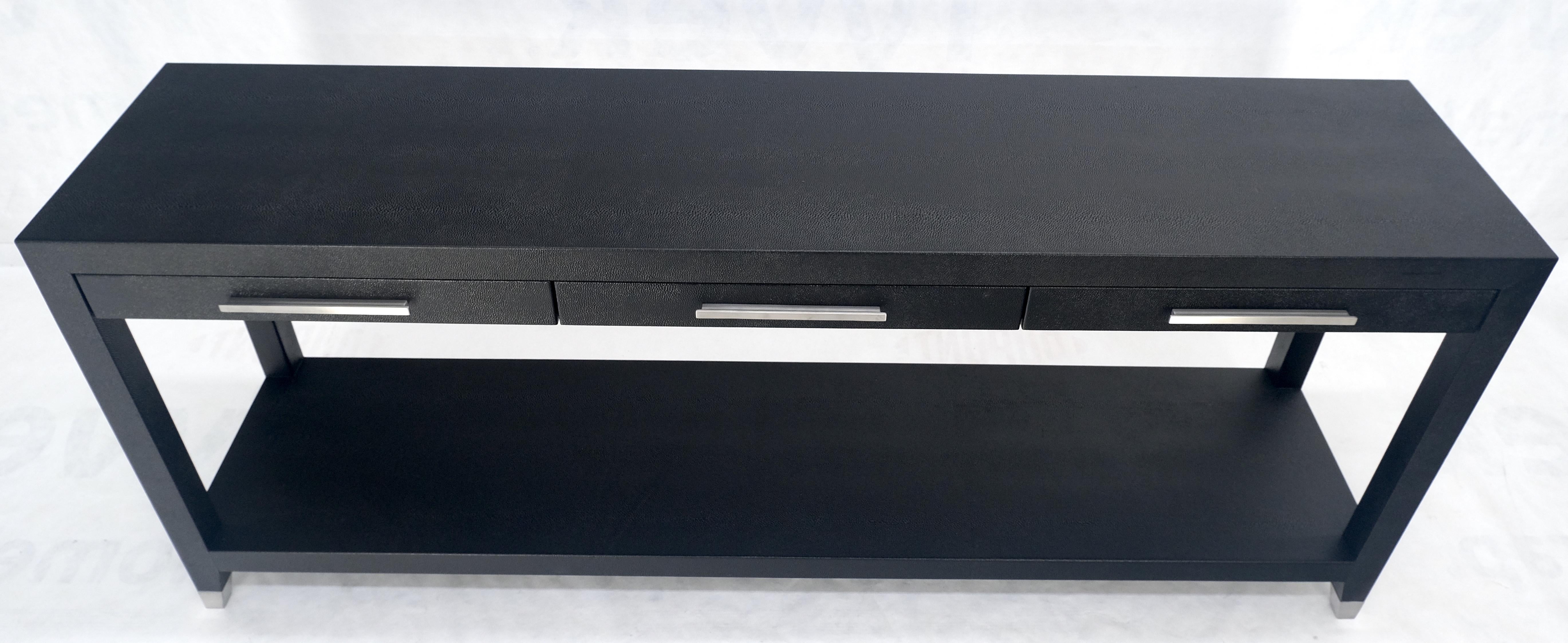Black Lacquer 3 Drawers Shagreen Skin 6' Long Console Sofa Table MINT! For Sale 7