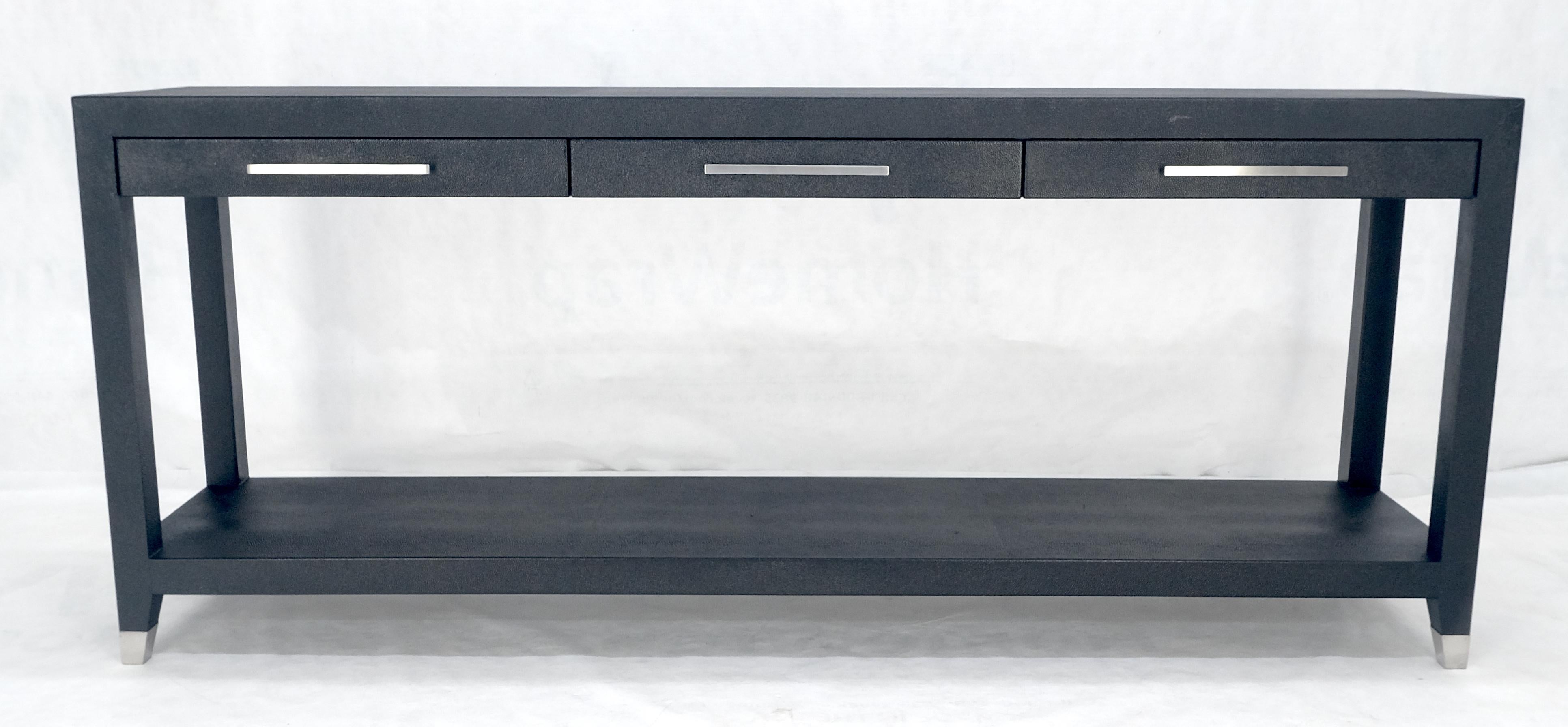 Mid-Century Modern Black Lacquer 3 Drawers Shagreen Skin 6' Long Console Sofa Table MINT! For Sale