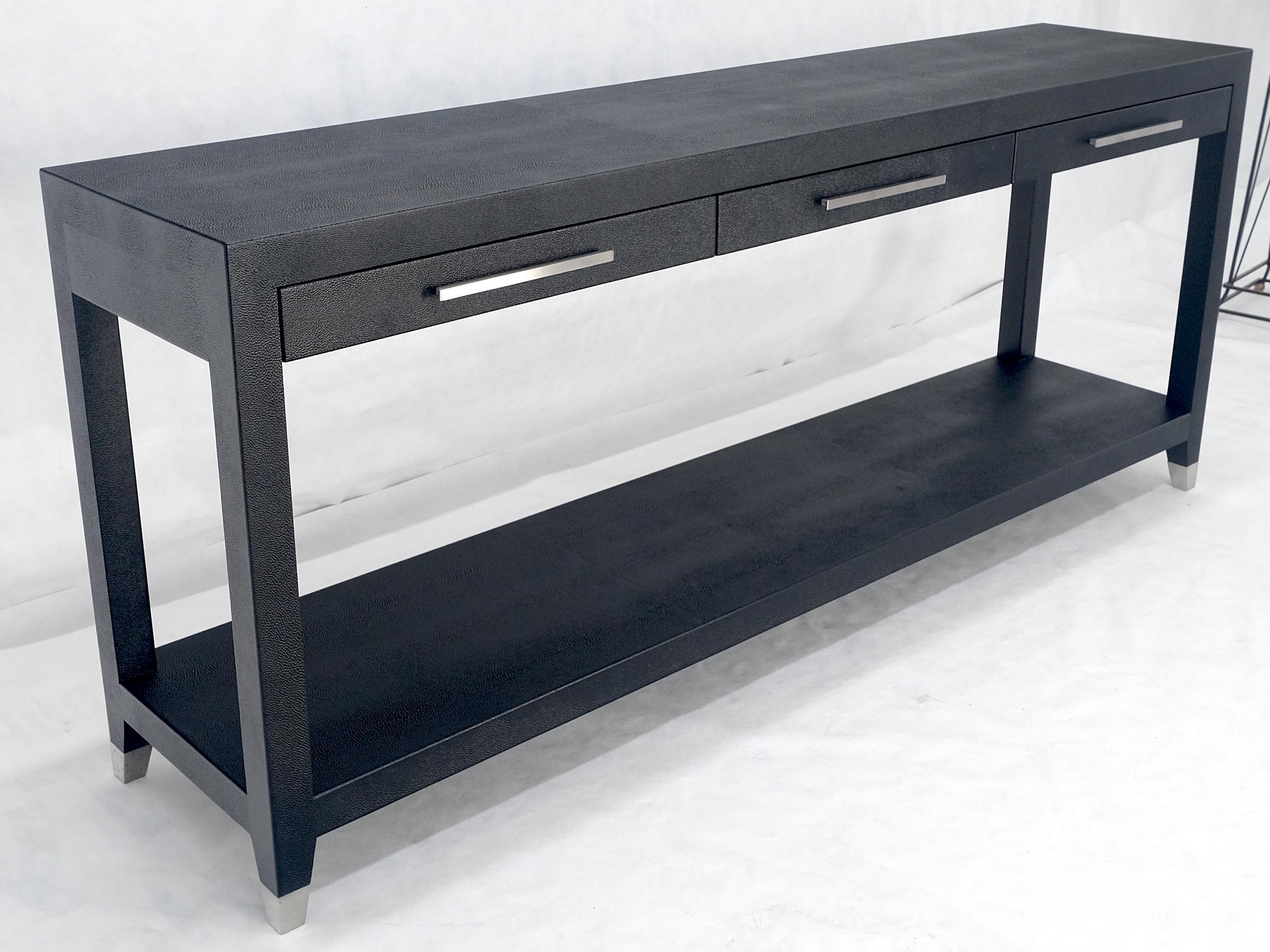 Unknown Black Lacquer 3 Drawers Shagreen Skin 6' Long Console Sofa Table MINT! For Sale