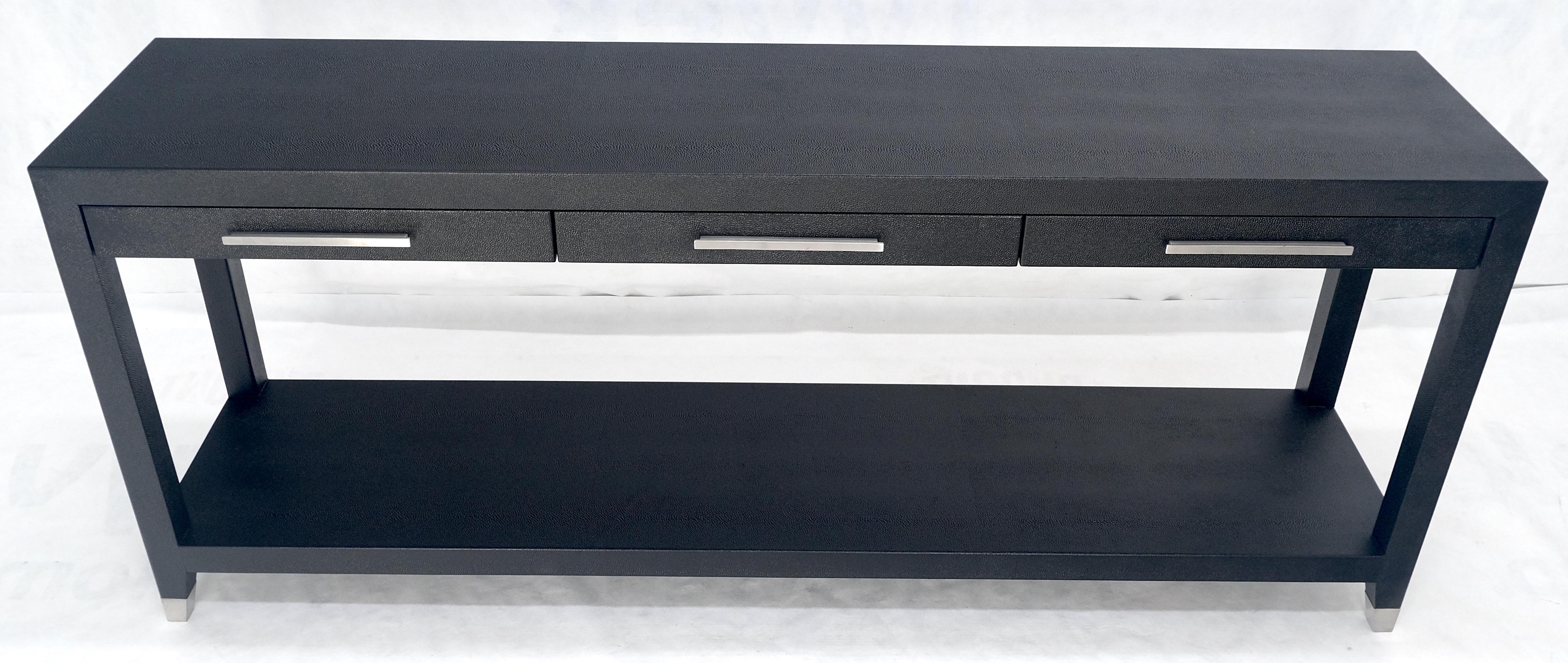 Lacquered Black Lacquer 3 Drawers Shagreen Skin 6' Long Console Sofa Table MINT! For Sale