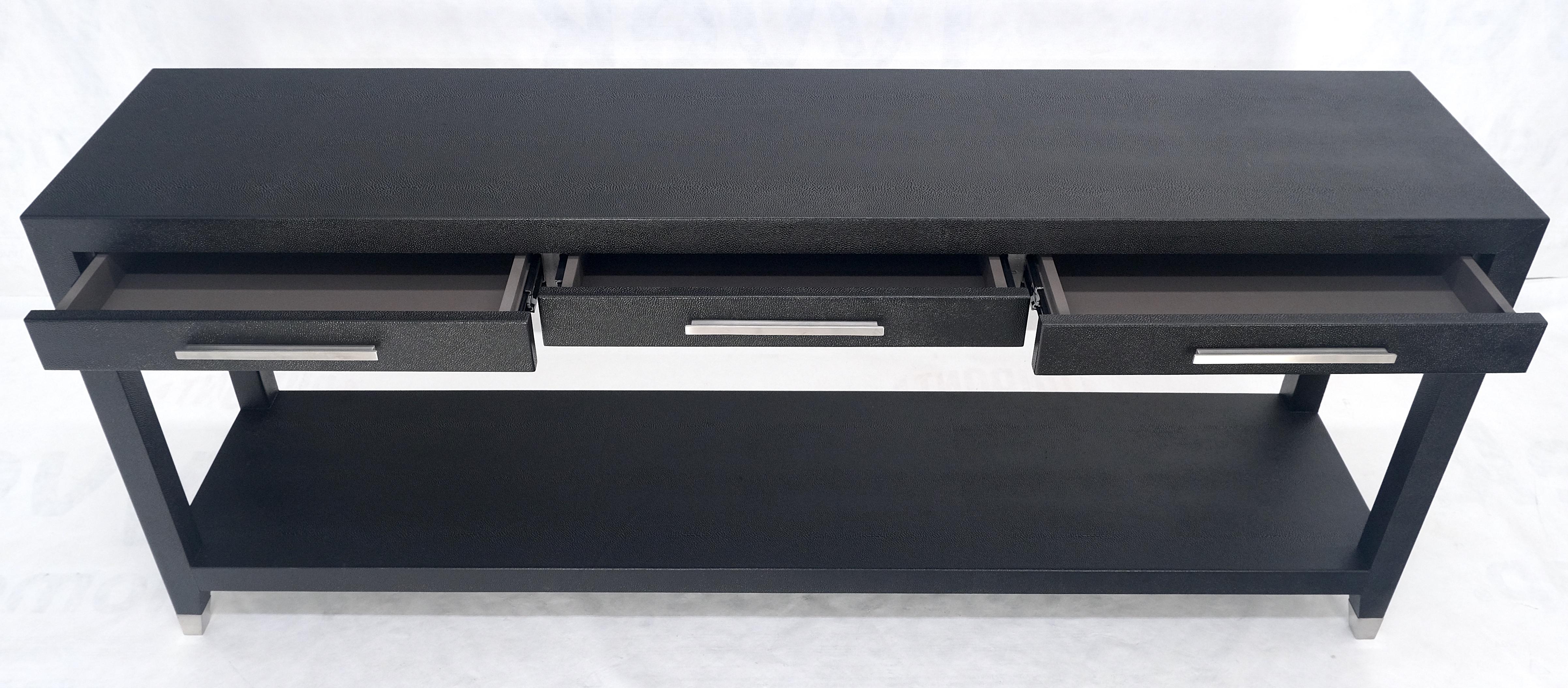 Black Lacquer 3 Drawers Shagreen Skin 6' Long Console Sofa Table MINT! In Good Condition For Sale In Rockaway, NJ