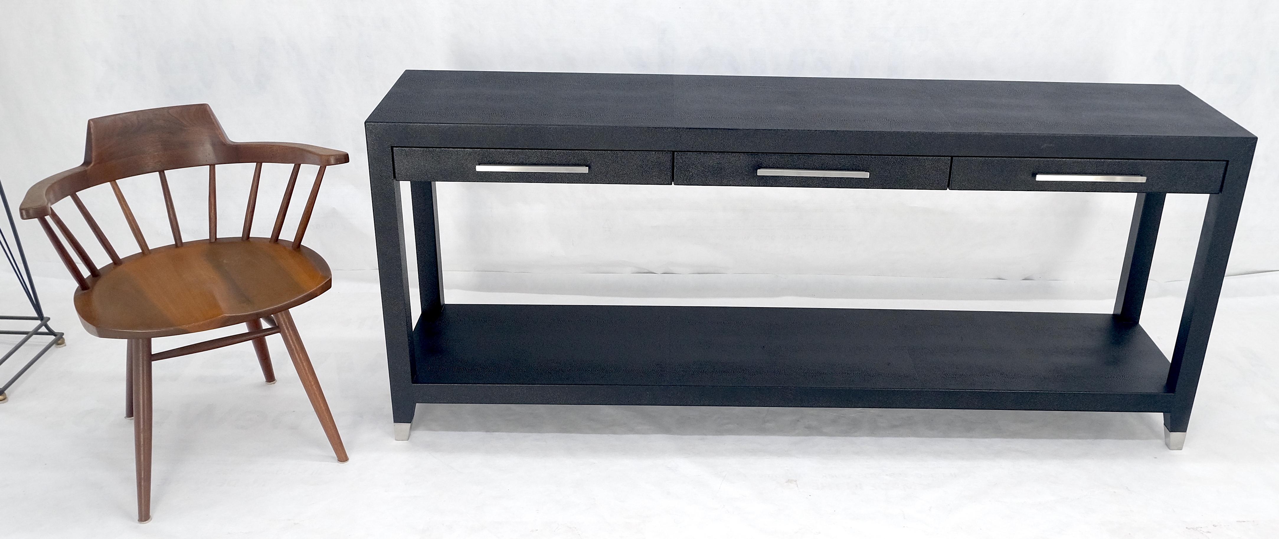 20th Century Black Lacquer 3 Drawers Shagreen Skin 6' Long Console Sofa Table MINT! For Sale