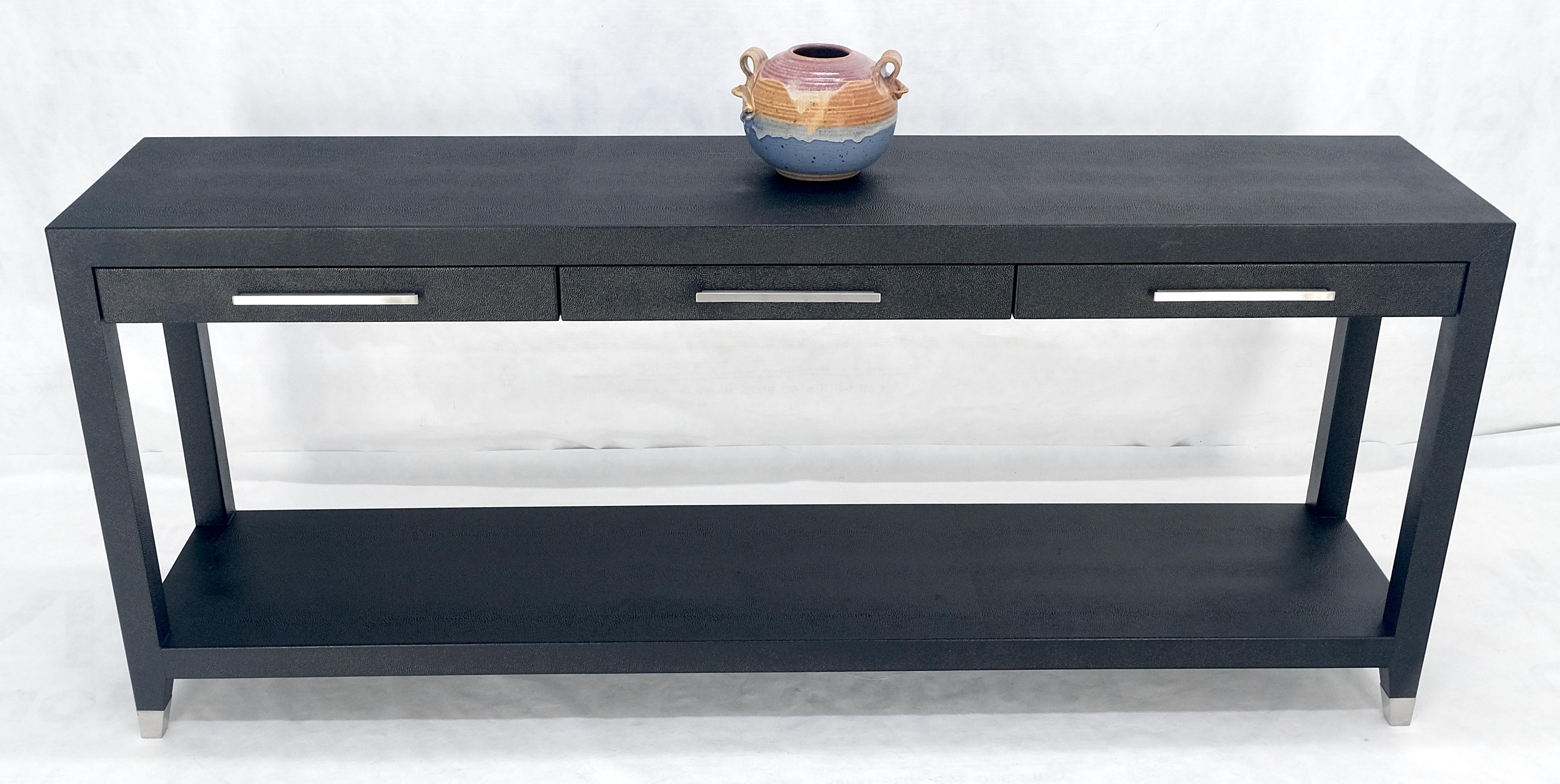 Black Lacquer 3 Drawers Shagreen Skin 6' Long Console Sofa Table MINT! For Sale 1