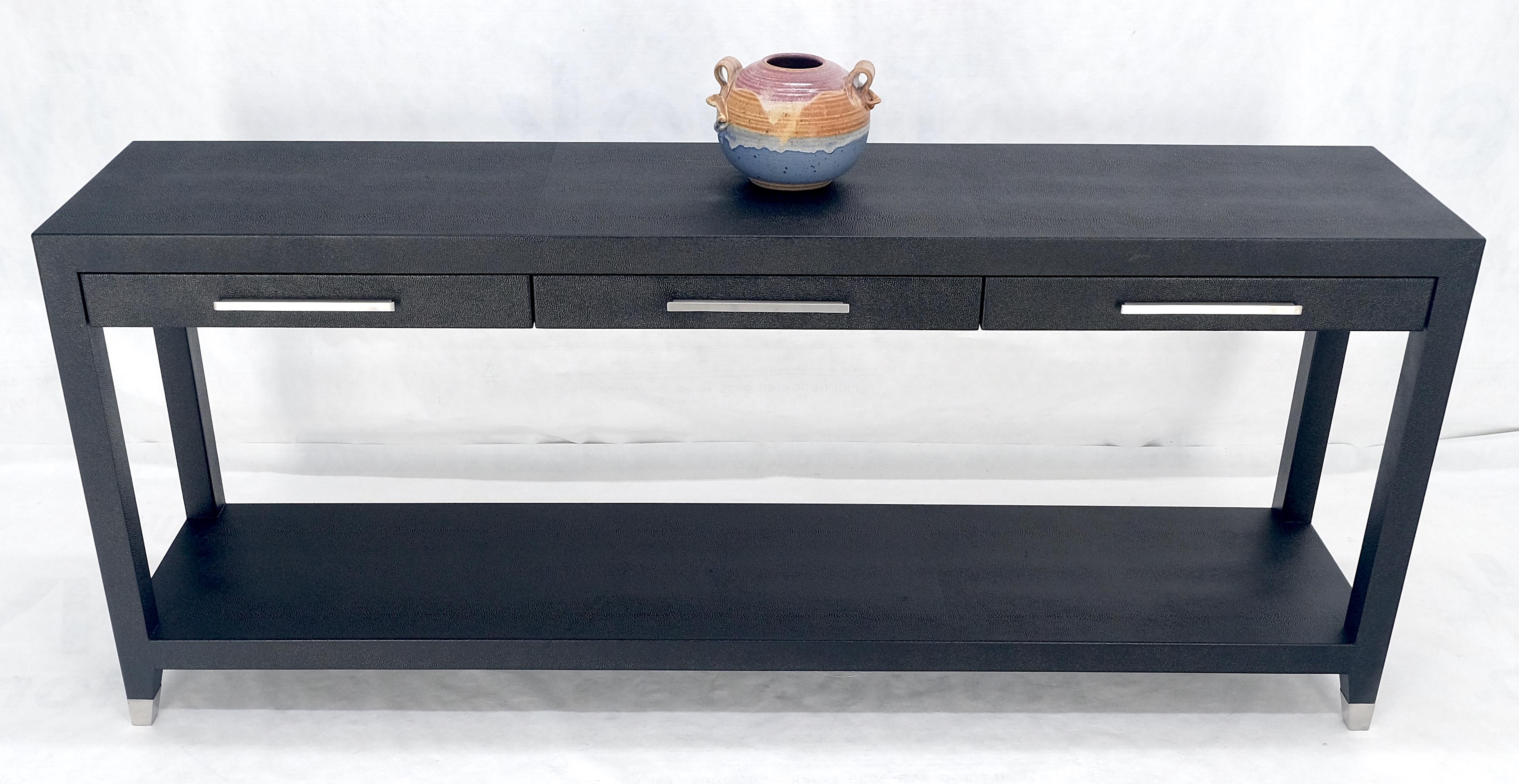 Black Lacquer 3 Drawers Shagreen Skin 6' Long Console Sofa Table MINT! For Sale 2