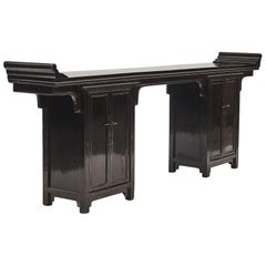 Black Lacquer Alter Table with Pair of Cabinets