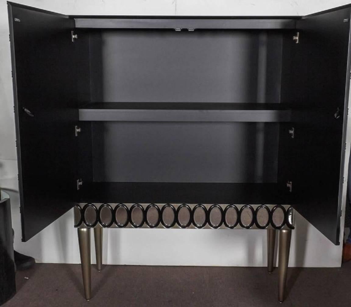 Black Lacquer and Beveled Mirror Cabinet Raised on Tapered Silver Leaf Legs 5