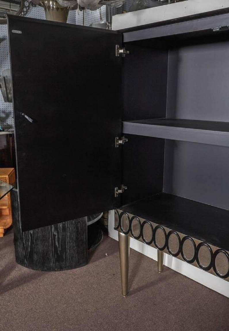 Black Lacquer and Beveled Mirror Cabinet Raised on Tapered Silver Leaf Legs 4