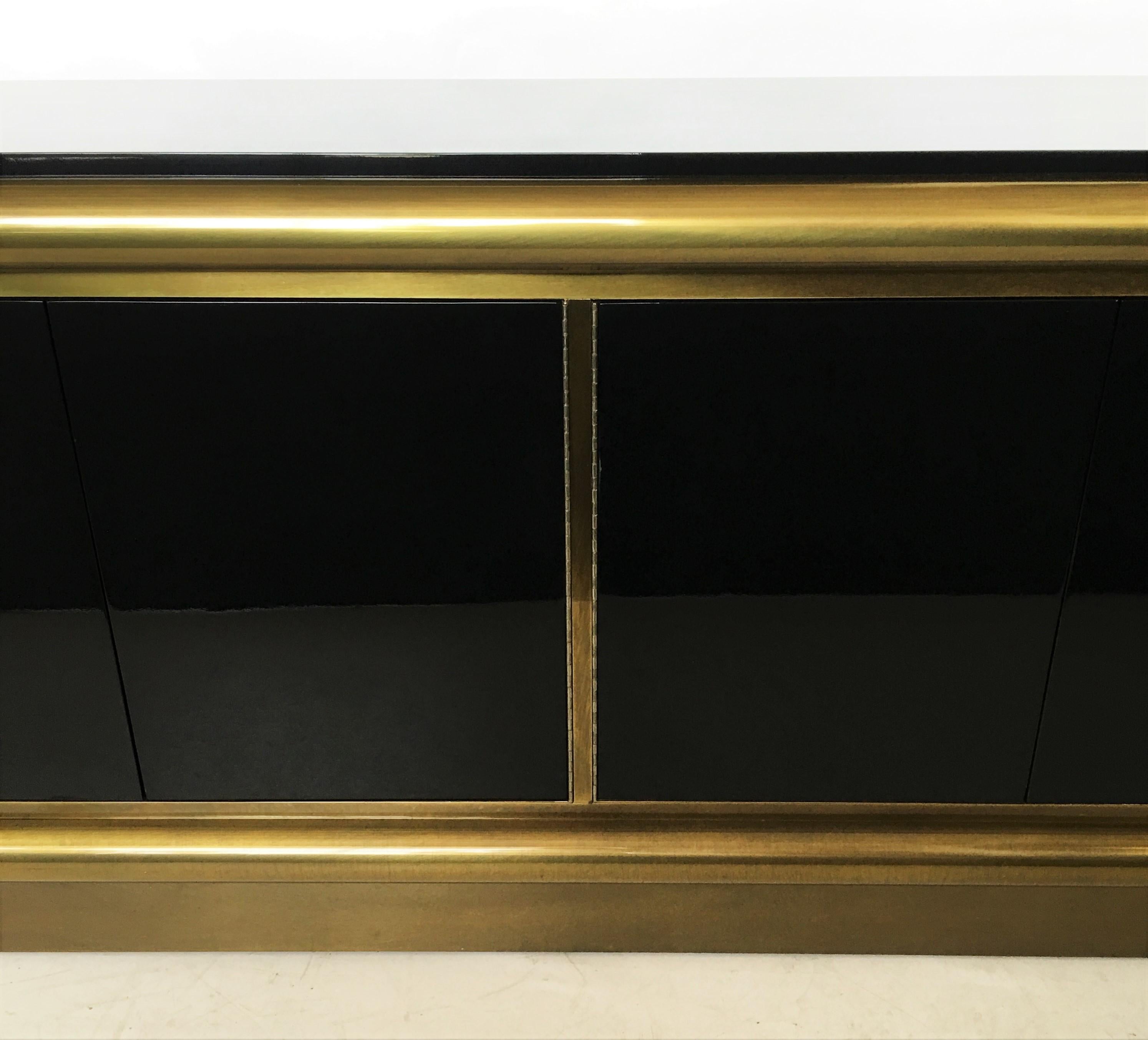 Hollywood Regency Black Lacquer and Brass Credenza/Sideboard by Mastercraft For Sale