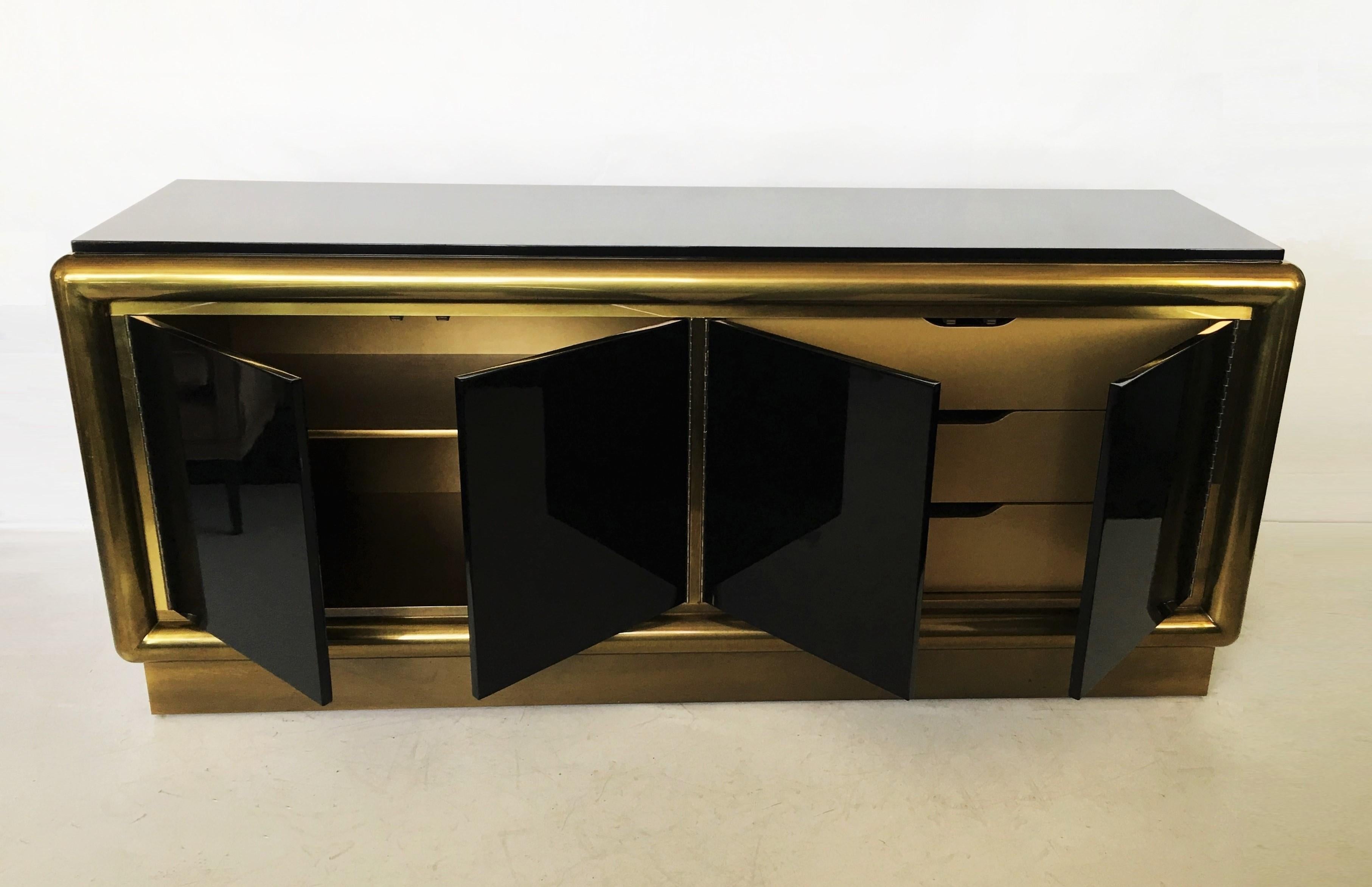 American Black Lacquer and Brass Credenza/Sideboard by Mastercraft For Sale