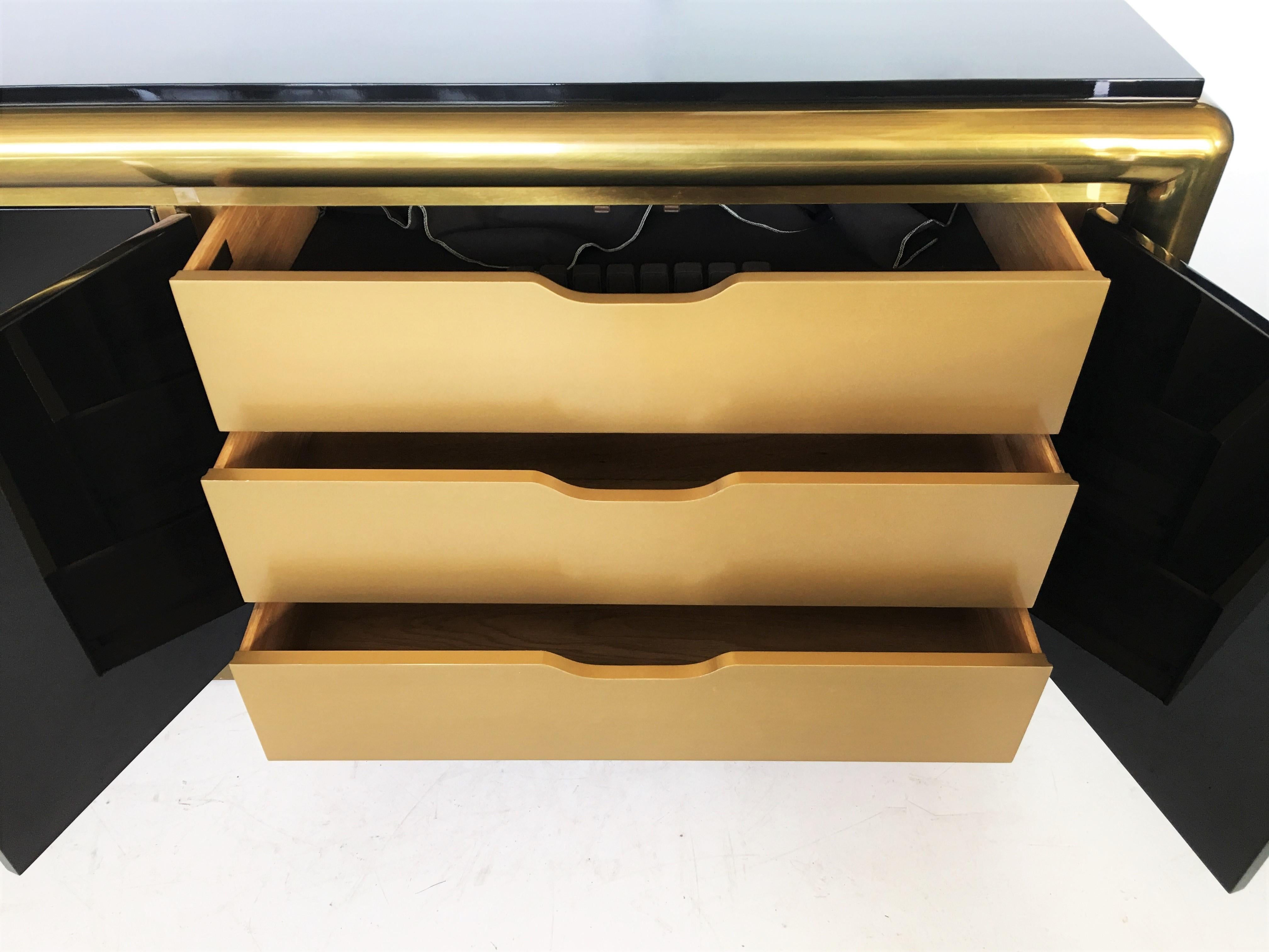 Lacquered Black Lacquer and Brass Credenza/Sideboard by Mastercraft For Sale