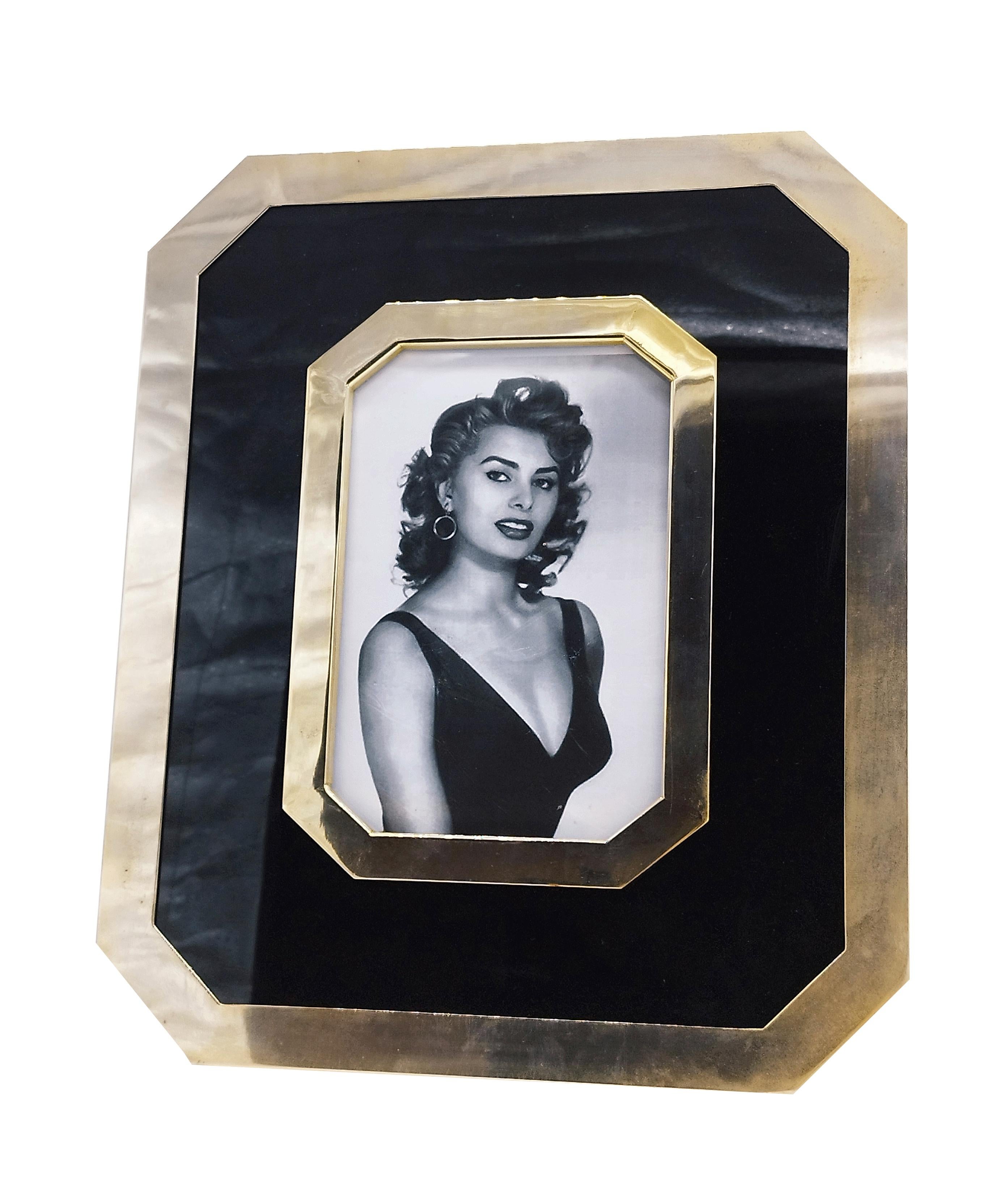 Mid-Century Modern Black Lacquer and Brass Photo Frame, Italy 1970s For Sale